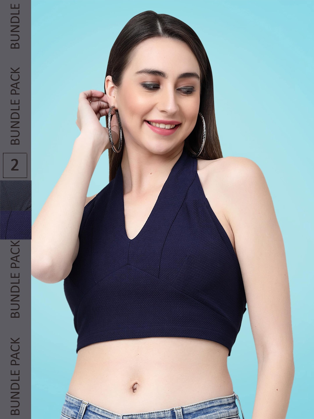 

MISS AYSE Pack Of 2 Halter Neck Tie-Ups Bralette Crop Top, Navy blue