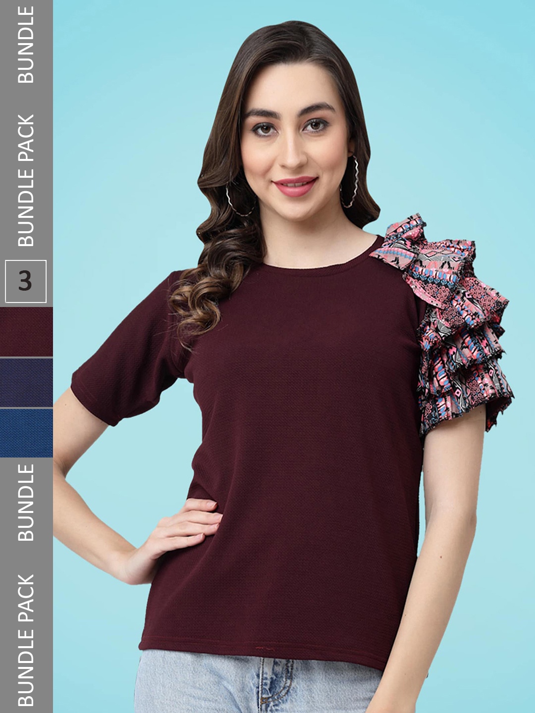 

MISS AYSE Pack Of 3 Flared Sleeves Ruffles Detail Regular Top, Maroon