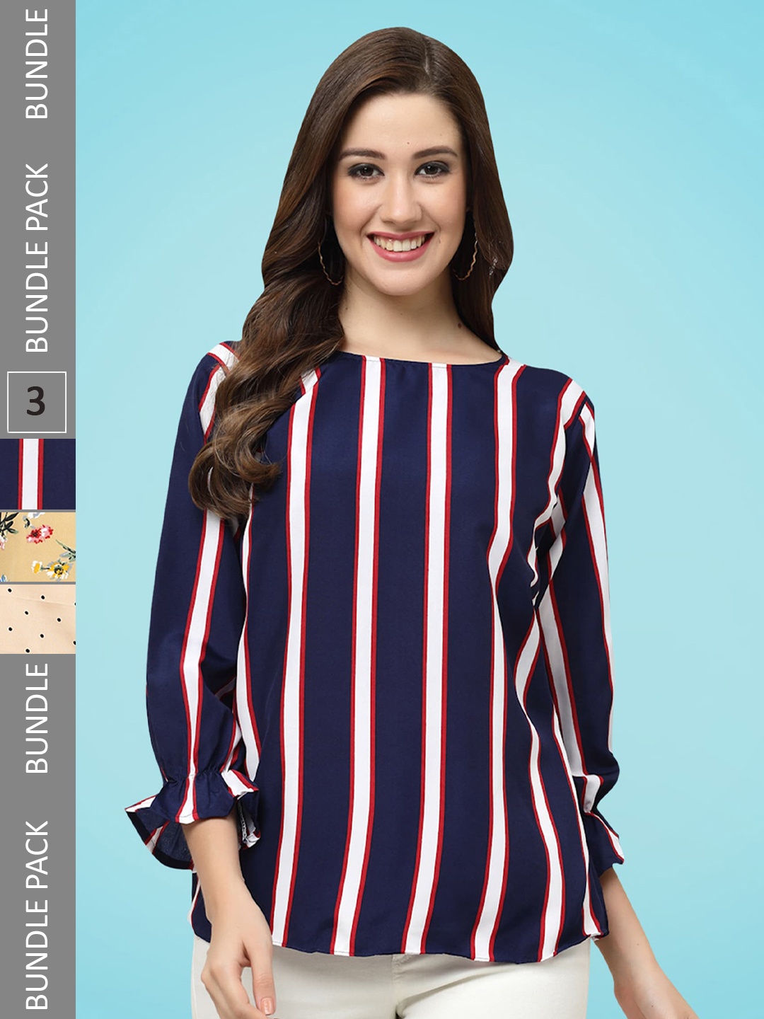 

MISS AYSE Pack Of 3 Striped Crepe Top, Navy blue