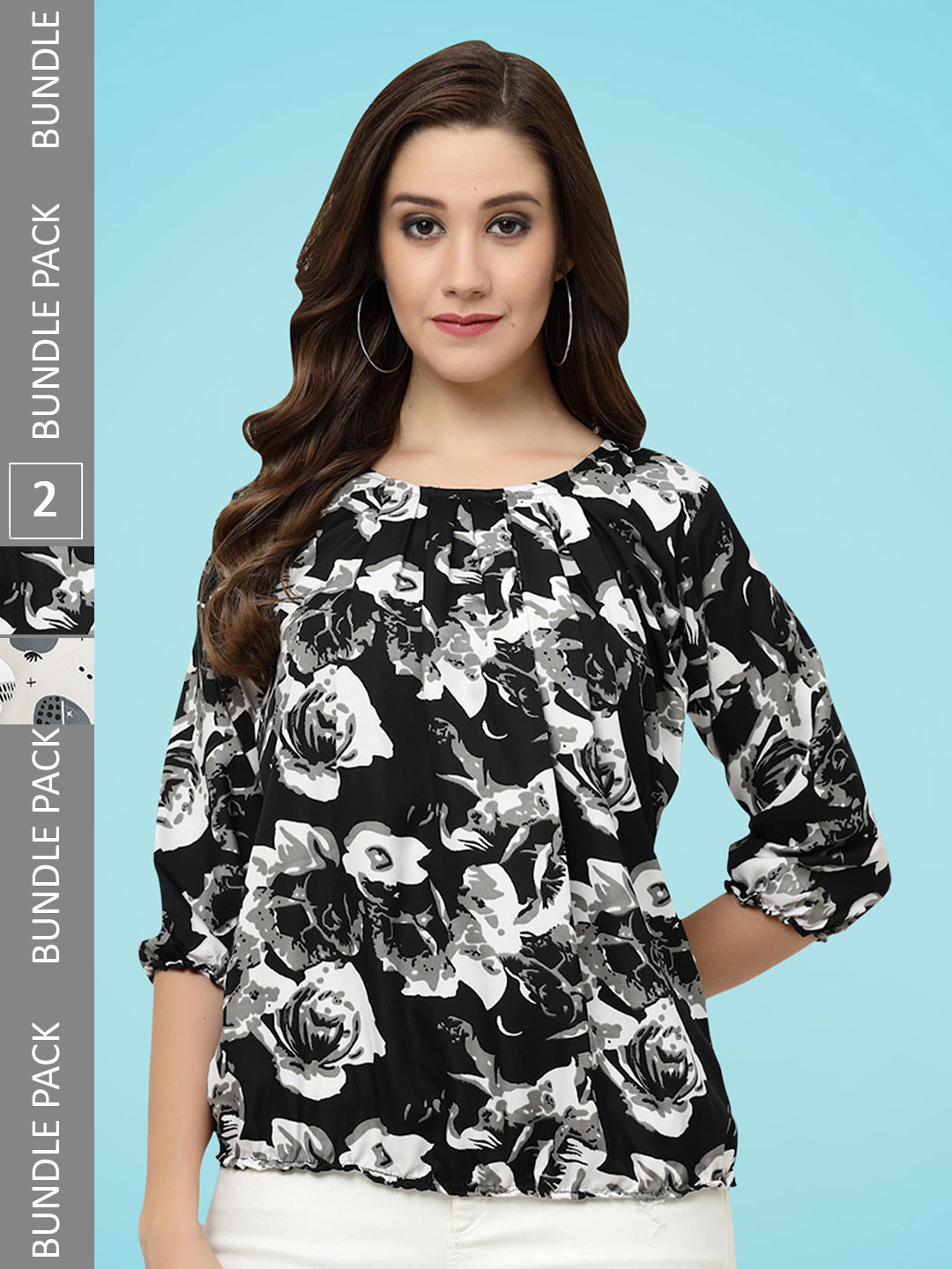 

MISS AYSE Pack Of 2 Floral Printed Pleated Detailed Top, Black