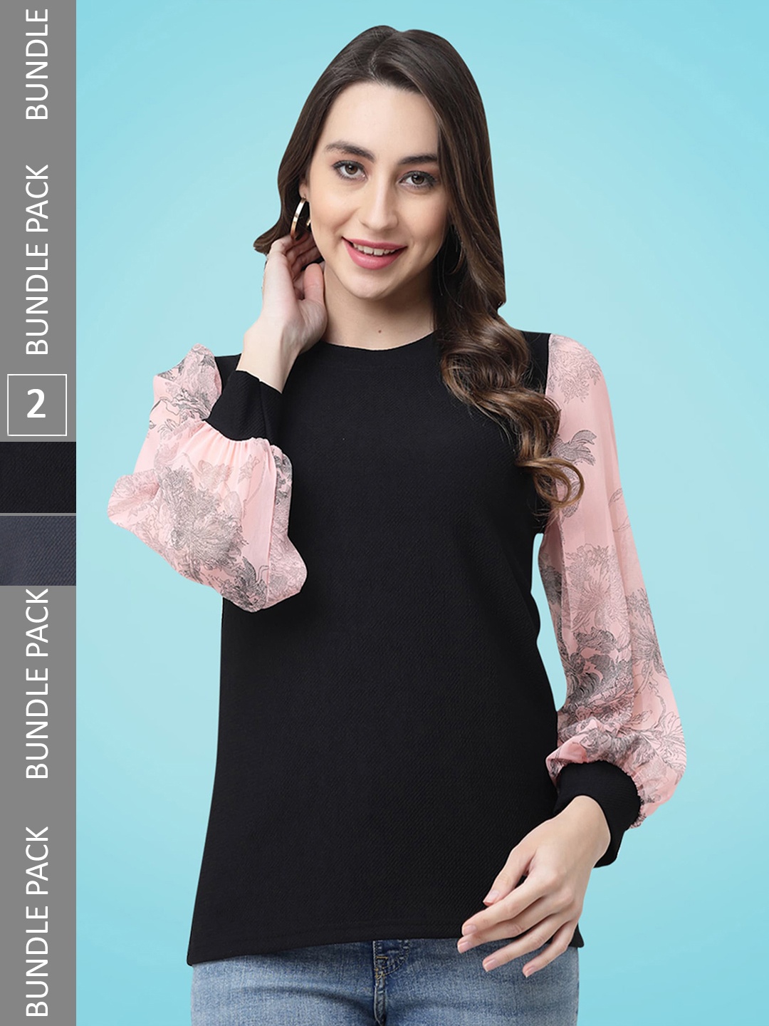 

MISS AYSE Pack Of 2 Floral Printed Cuffed Sleeves Top, Black