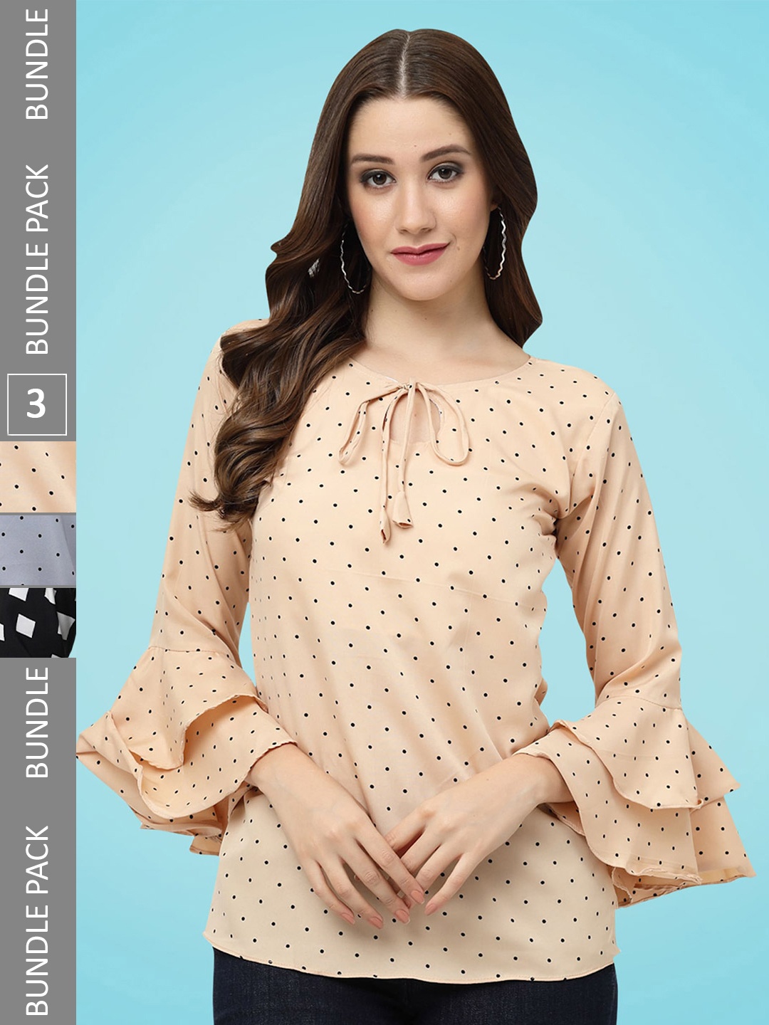 

MISS AYSE Pack Of 3 Geometric Printed Tie Up Neck Bell Sleeves Crepe Tops, Cream