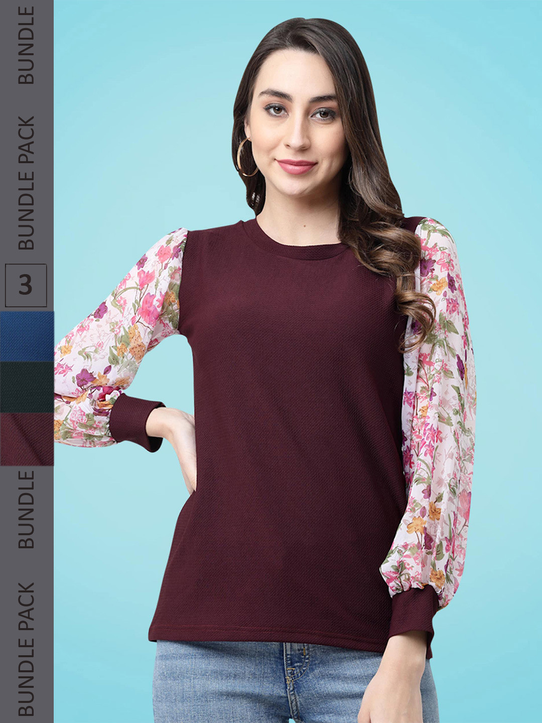 

MISS AYSE Pack Of 3 Floral Printed Cuffed Sleeves Top, Maroon