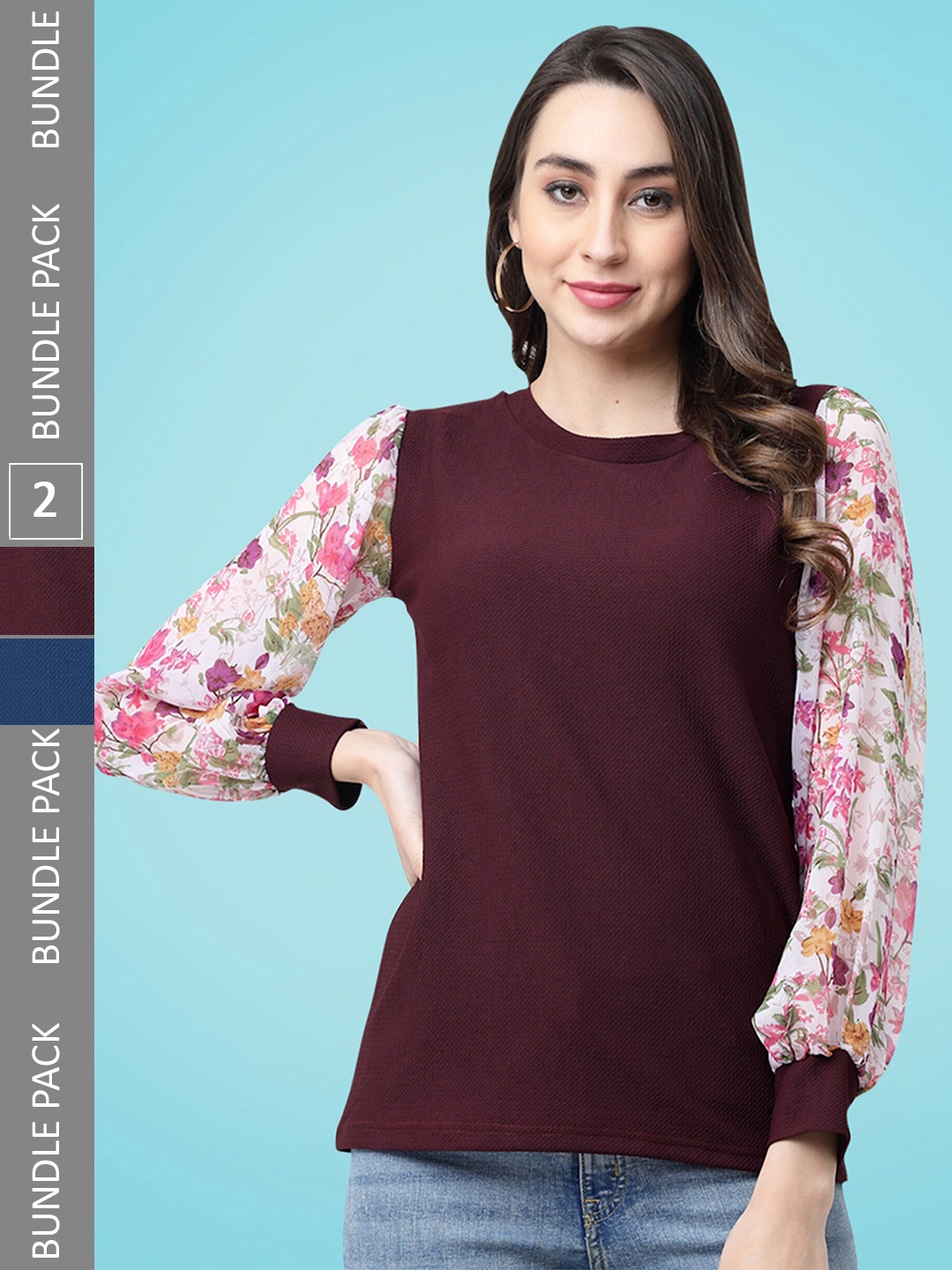 

MISS AYSE Pack Of 2 Floral Printed Round Neck Cuffed Sleeve Regular Top, Blue