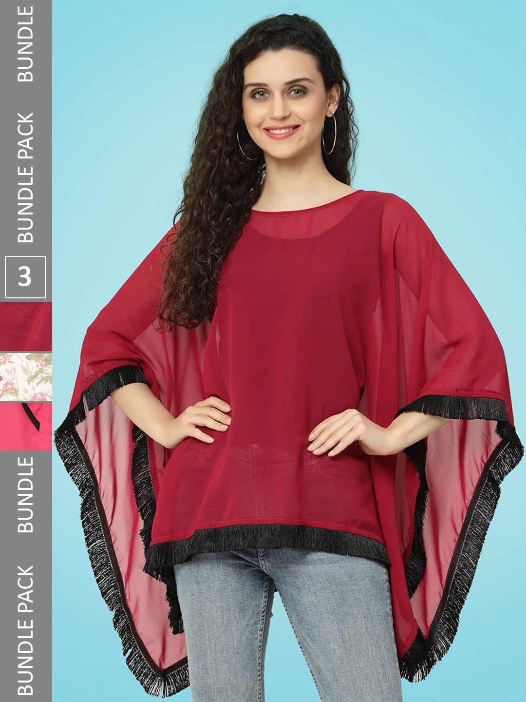 

MISS AYSE Pack Of 3 Floral Print Kaftan Top, Maroon