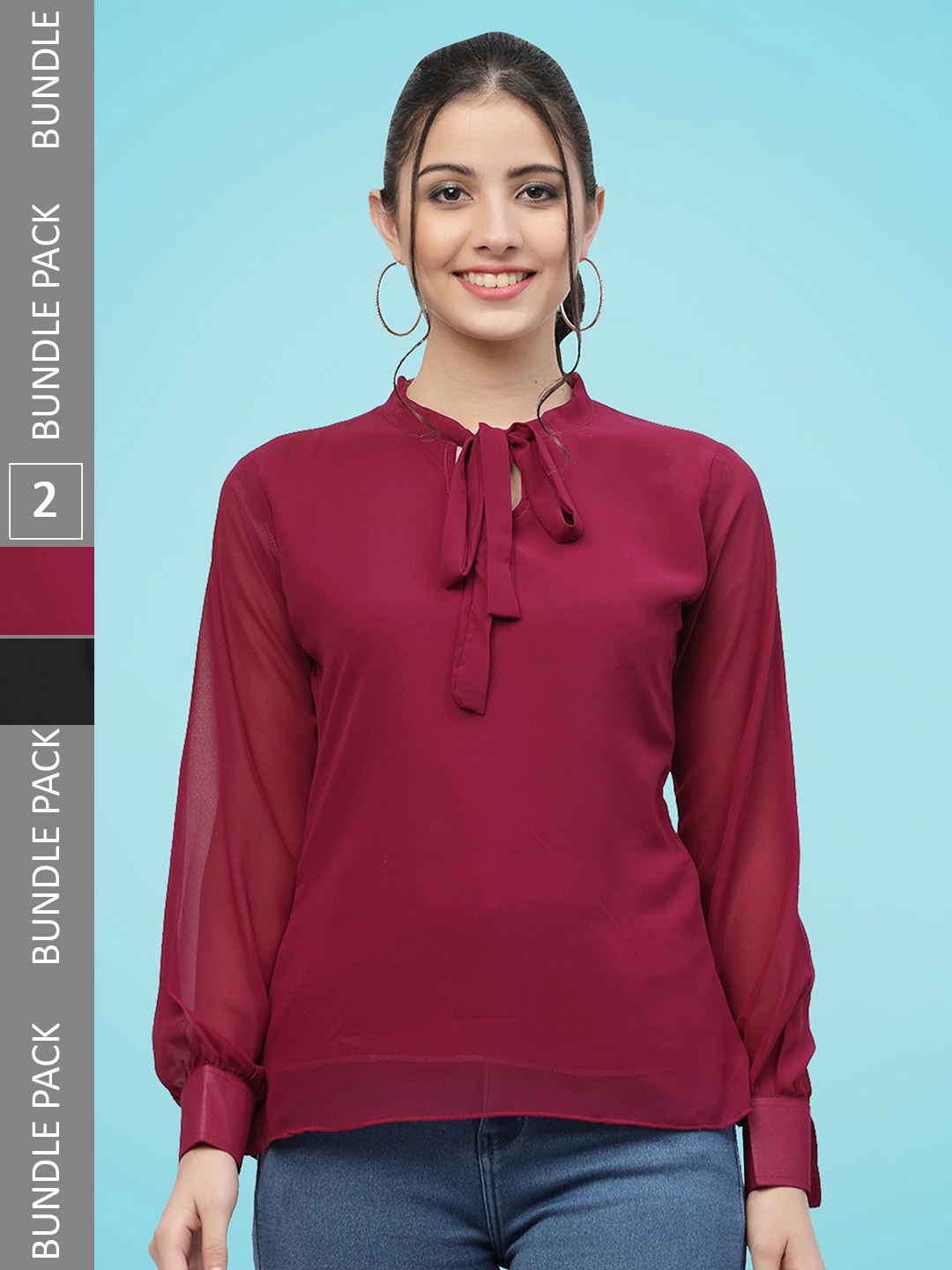 

MISS AYSE Pack Of 2 Tie Up Neck Cuffed Sleeves Georgette Tops, Maroon