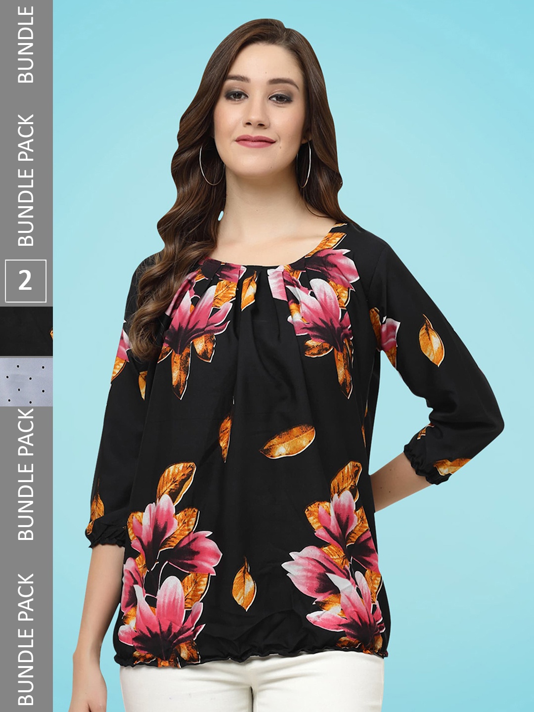 

MISS AYSE Pack Of 2 Floral Print Crepe Top, Black