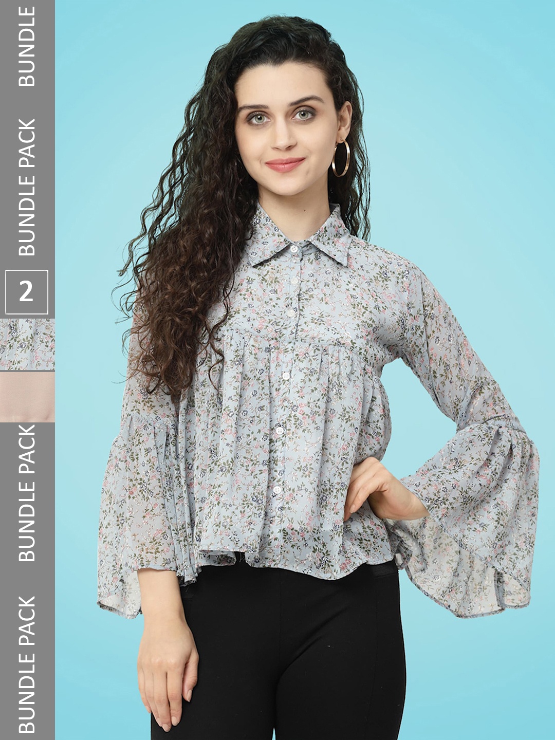 

MISS AYSE Pack Of 2 Floral Printed Bell Sleeve Pleated Georgette Shirt Style Tops, Grey