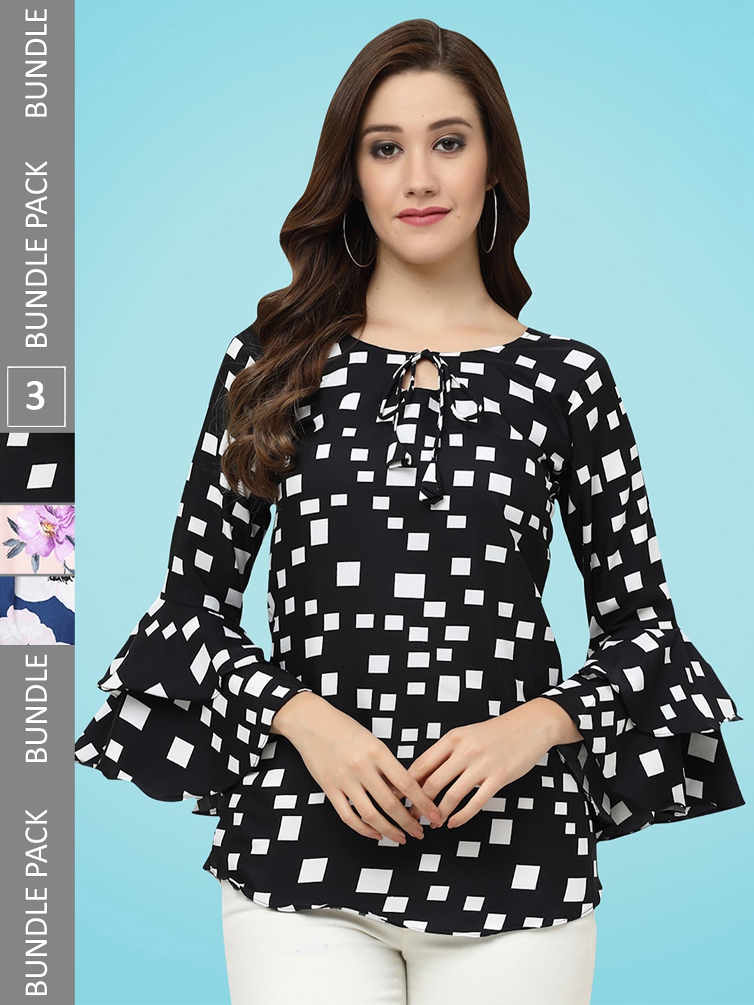 

MISS AYSE Pack Of 3 Printed Tie-Up Neck Bell Sleeve Crepe Top, Black