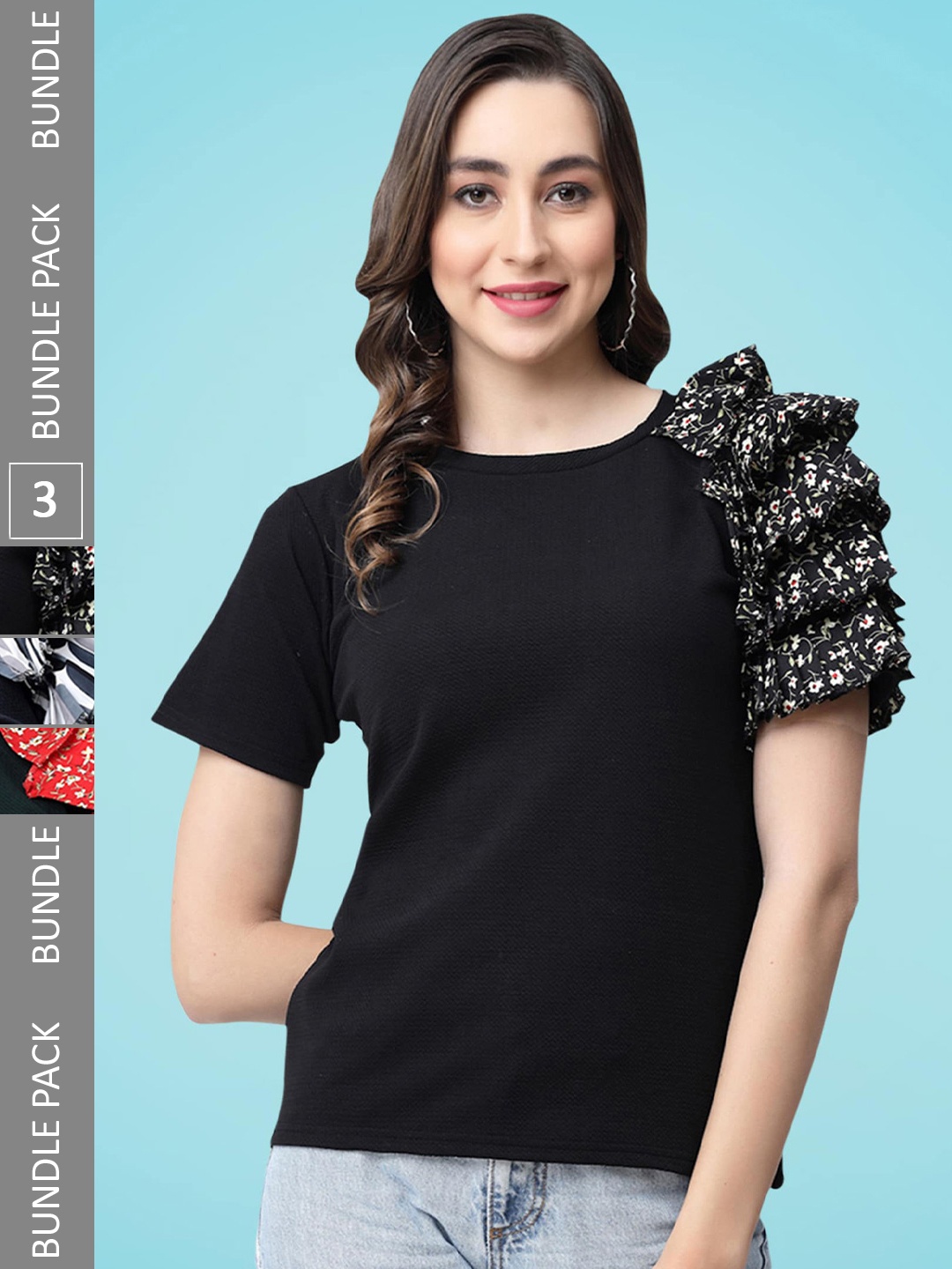 

MISS AYSE Pack Of 3 Round Neck Regular Top, Navy blue