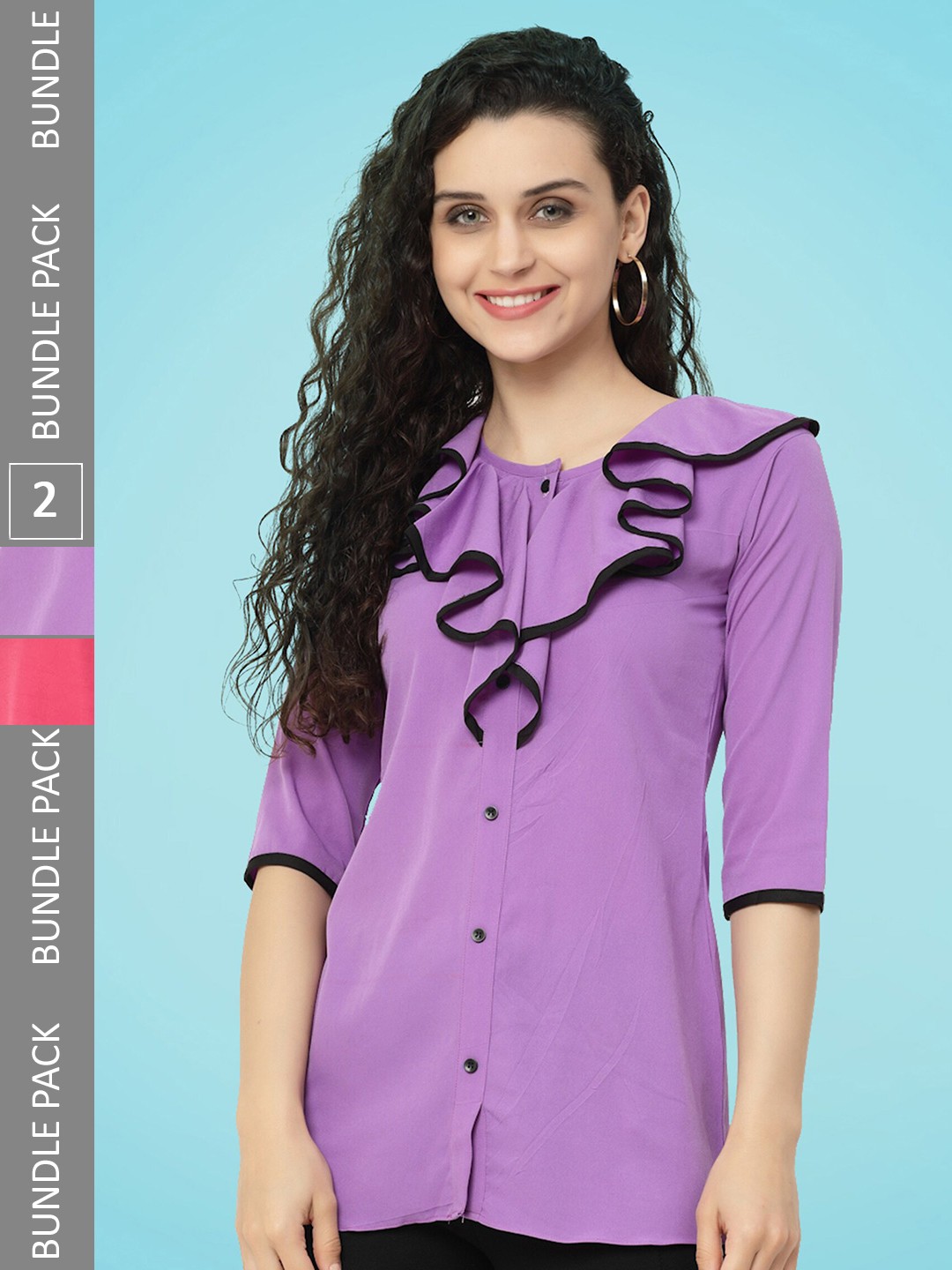 

MISS AYSE Pack Of 2 Crepe Ruffled Shirt Style Top, Purple