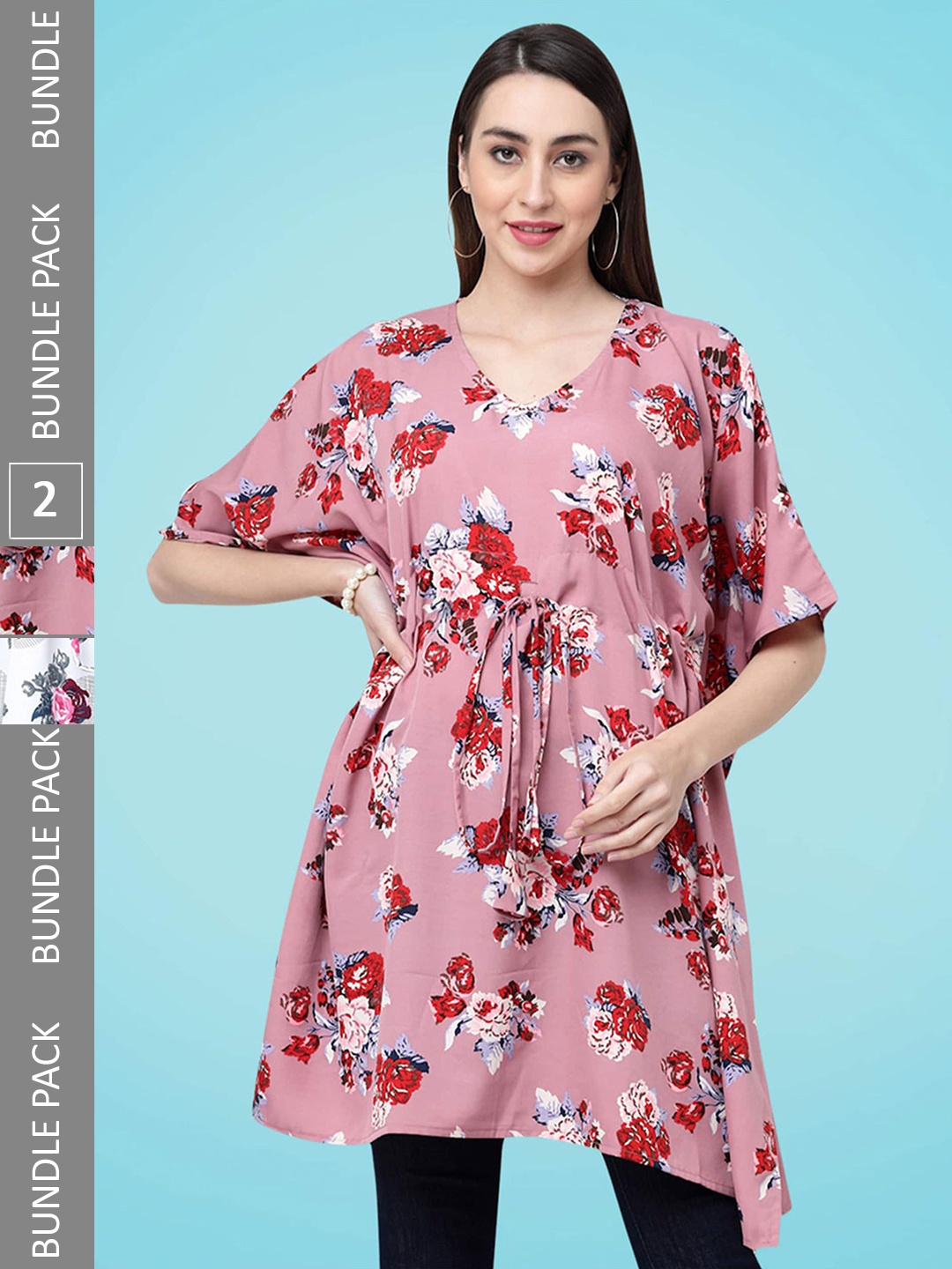 

MISS AYSE Pack Of 2 Floral Printed Kaftan Longline Tops, Pink