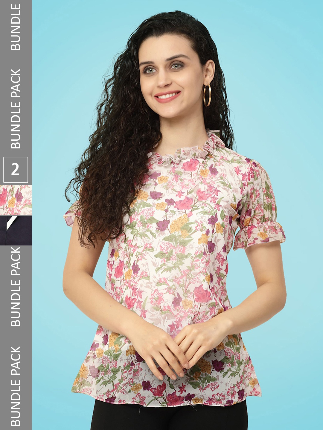 

MISS AYSE Pack Of 2 Floral Printed Ruffled Tops, White
