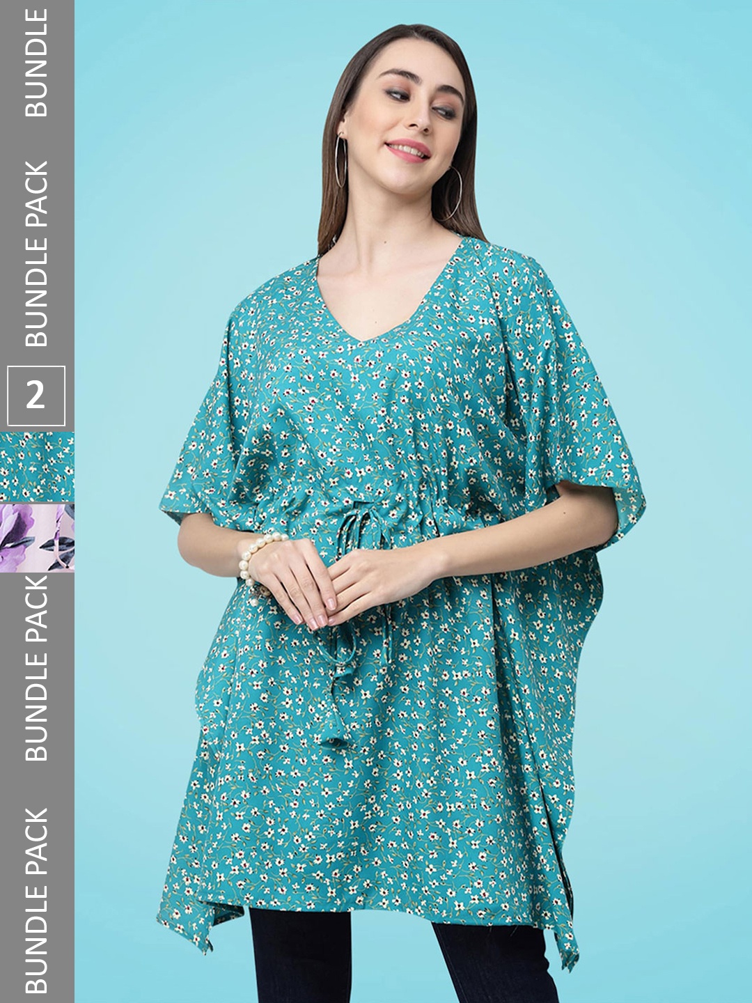 

MISS AYSE Pack Of 2 Floral Printed Tie-Up Detail Kimono Sleeved Kaftan Longline Tops, Blue
