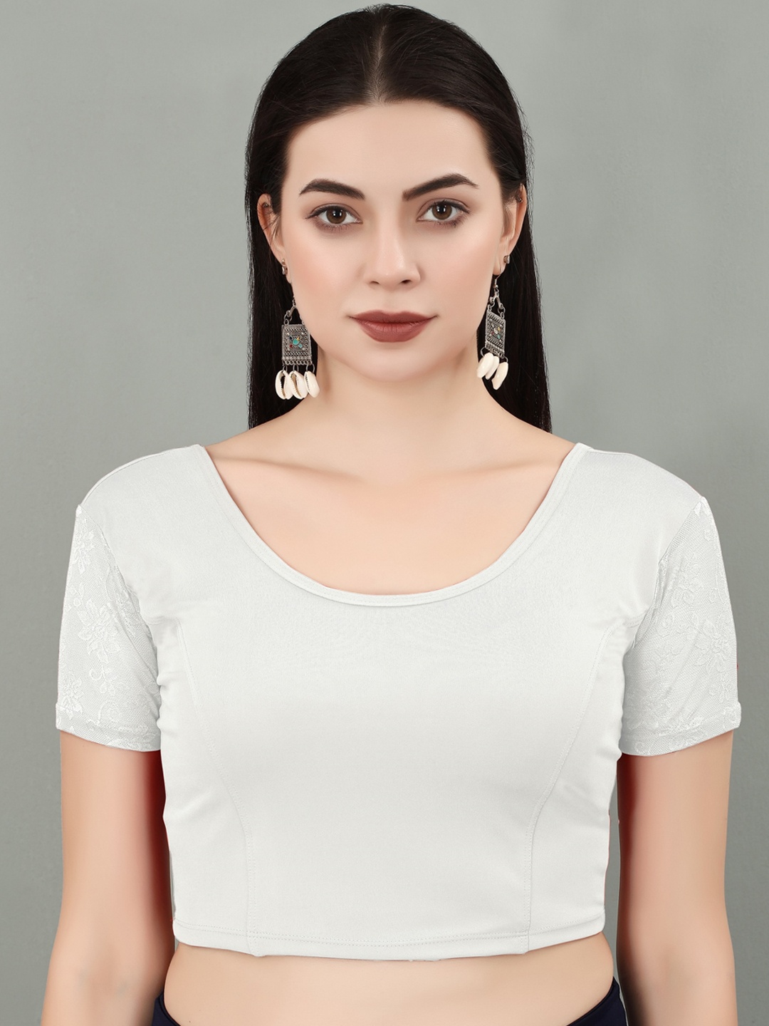 

SERONA FABRICS Half Net Sleeves Saree Blouse, White