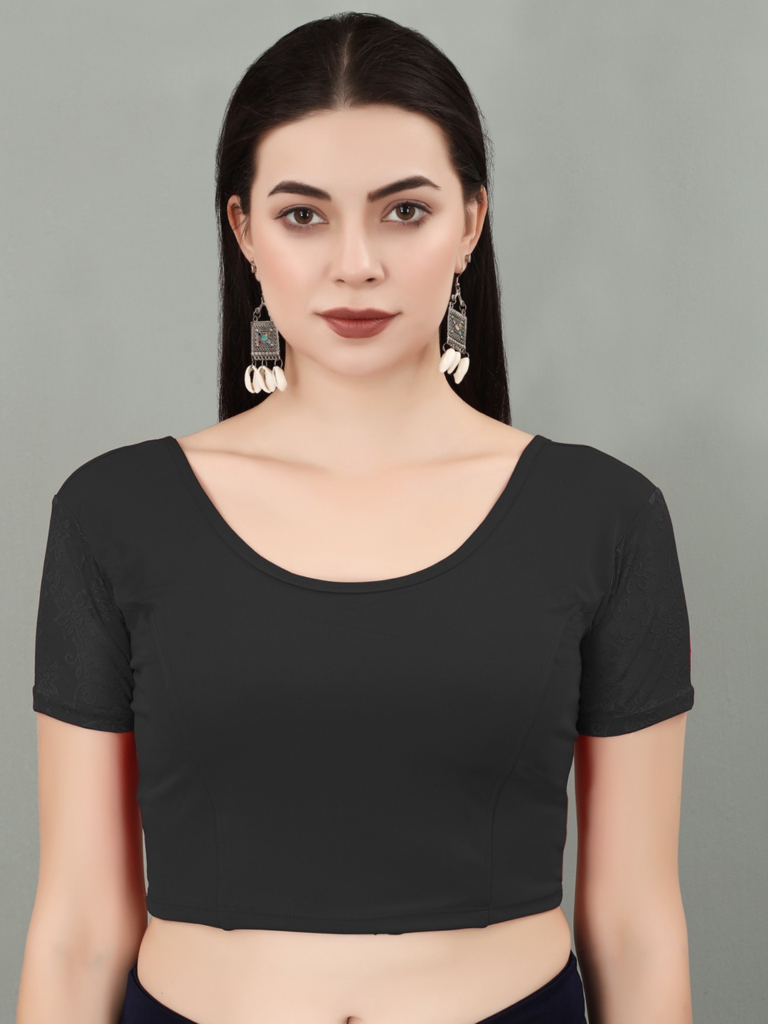 

SERONA FABRICS Round Neck Half Net Sleeves Saree Blouse, Black