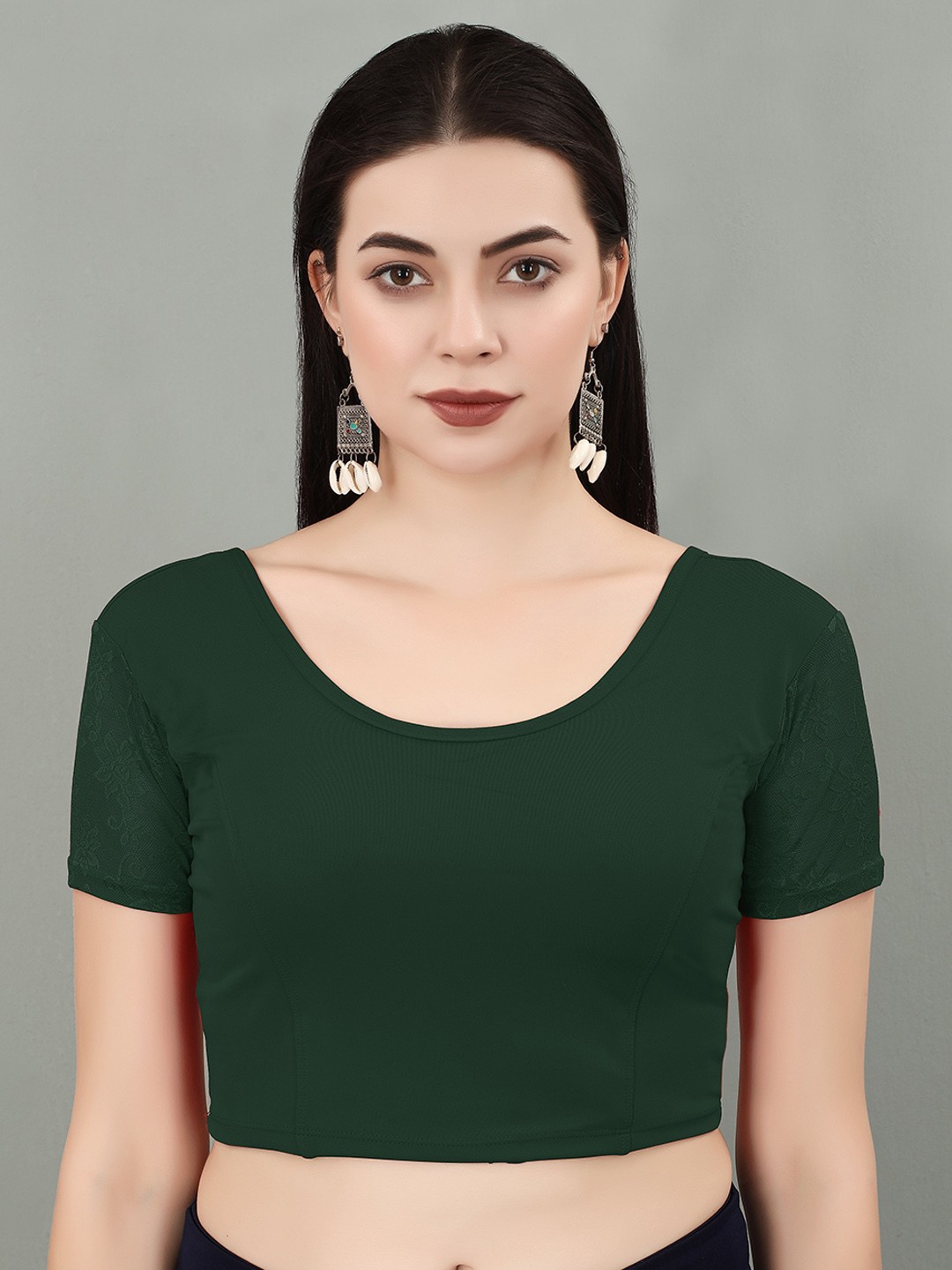 

SERONA FABRICS Round Neck Half Net Sleeves Saree Blouse, Green