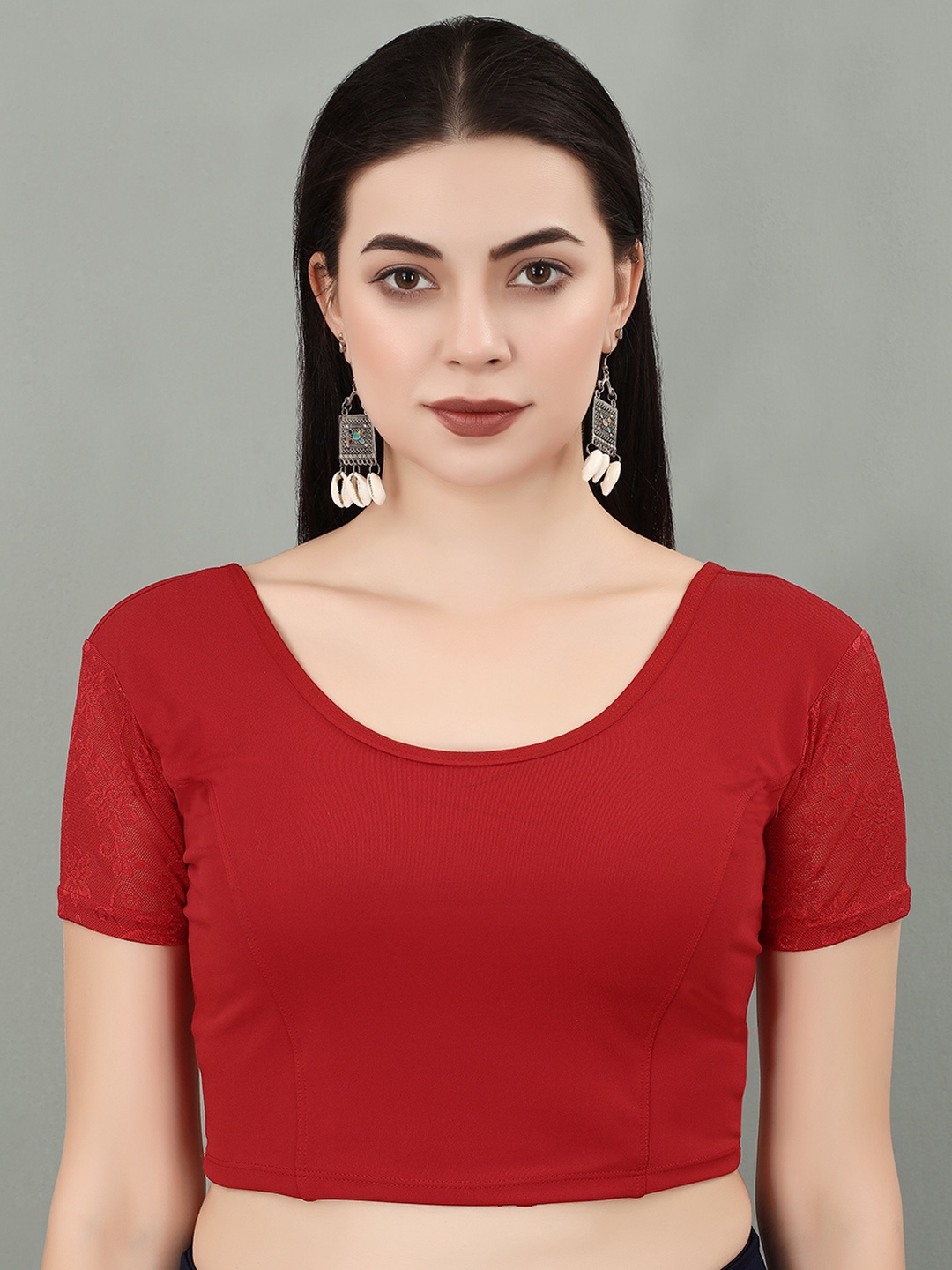 

SERONA FABRICS Round Neck Half Net Sleeves Saree Blouse, Red