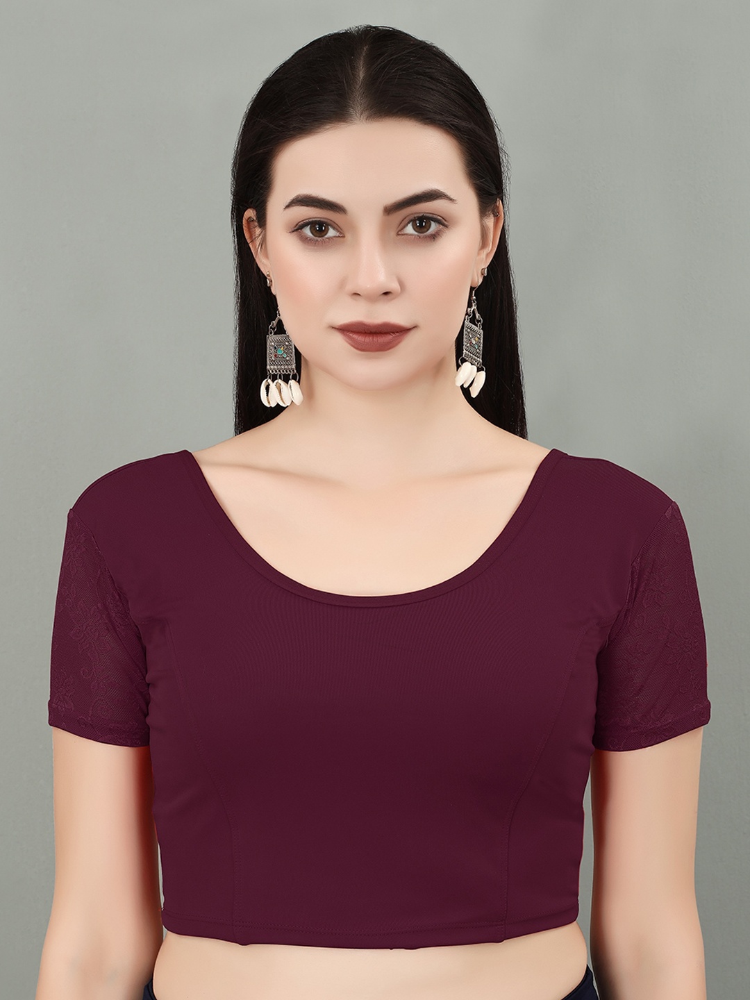 

SERONA FABRICS Round Neck Half Net Sleeves Saree Blouse, Purple