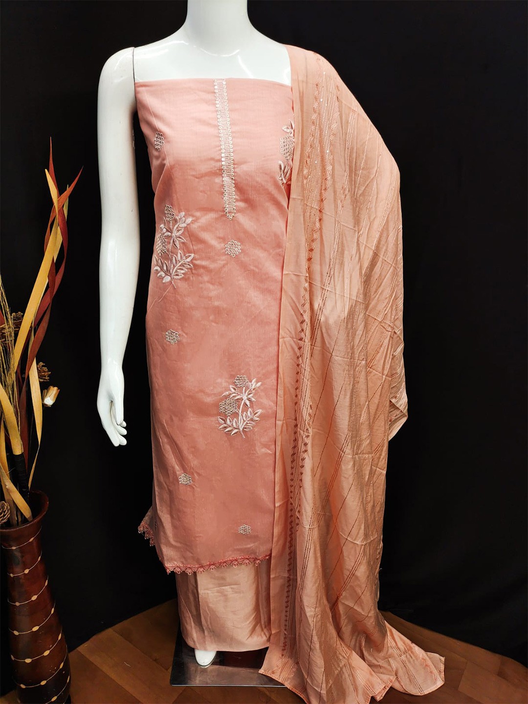 

ZEEPKART Floral Embroidered Unstitched Dress Material, Orange