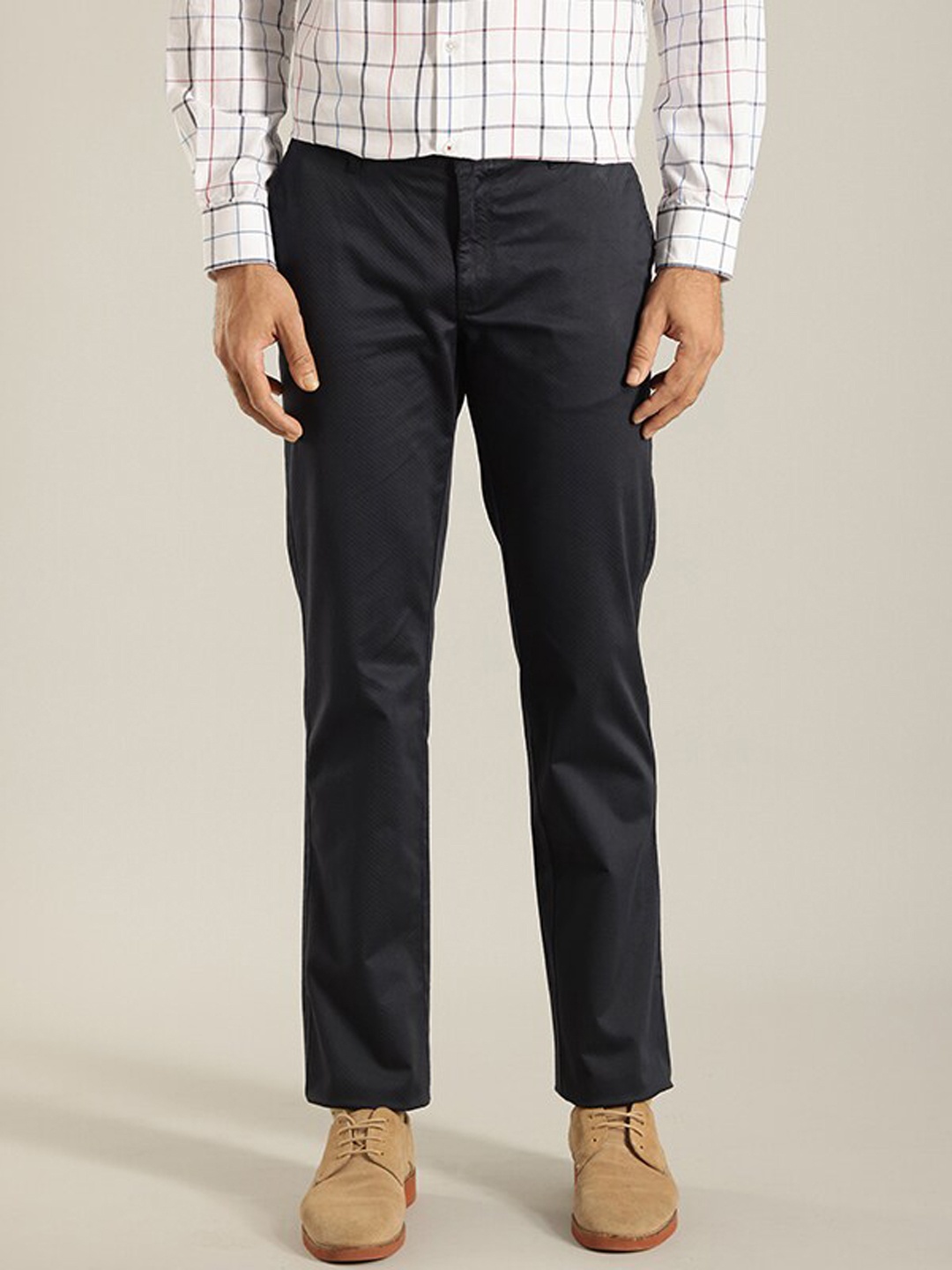 

Indian Terrain Men Self Design Kansas Mid Rise Trousers, Navy blue