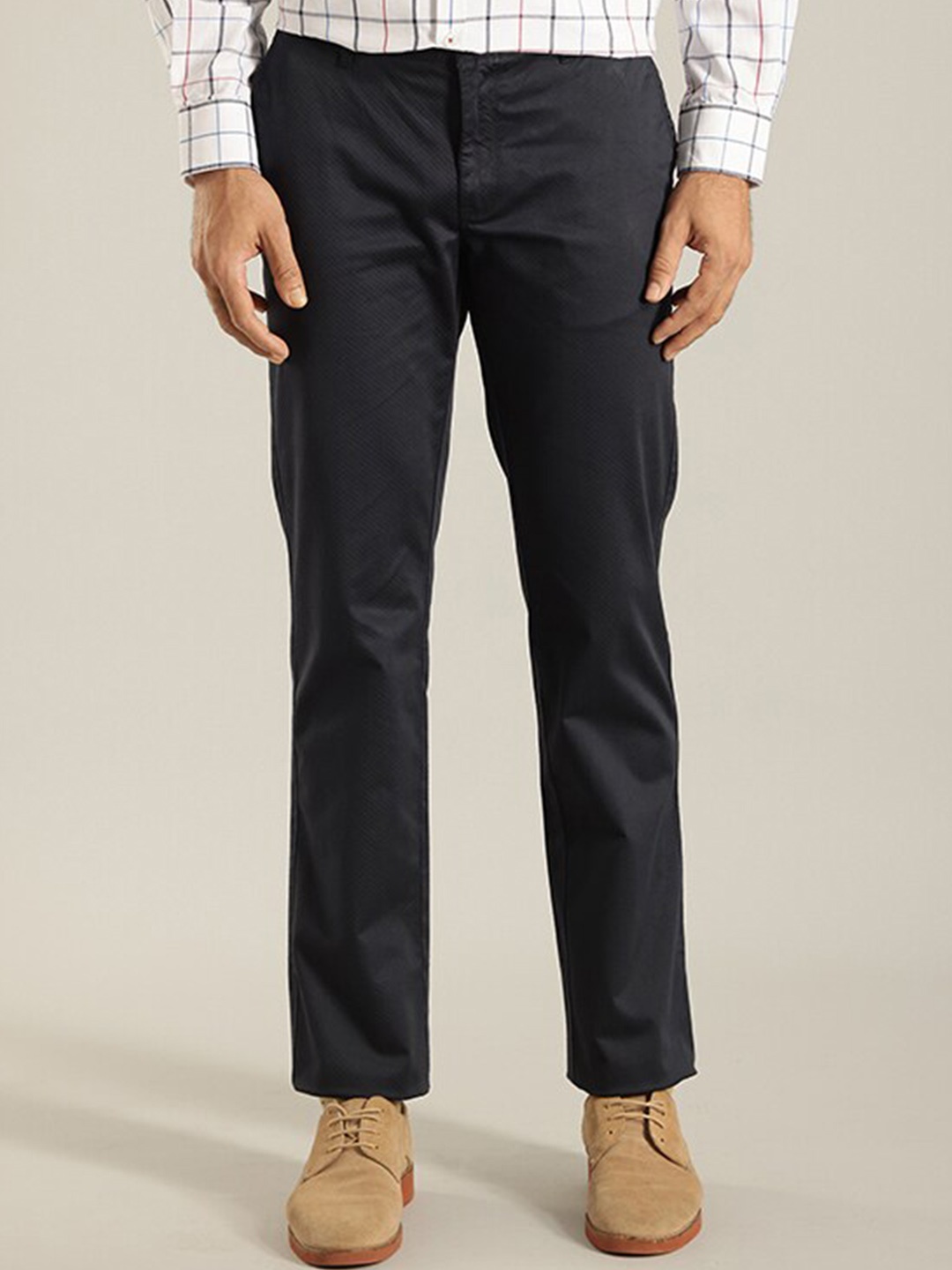 

Indian Terrain Men Self Design Textured Kansas Mid-Rise Trousers, Navy blue