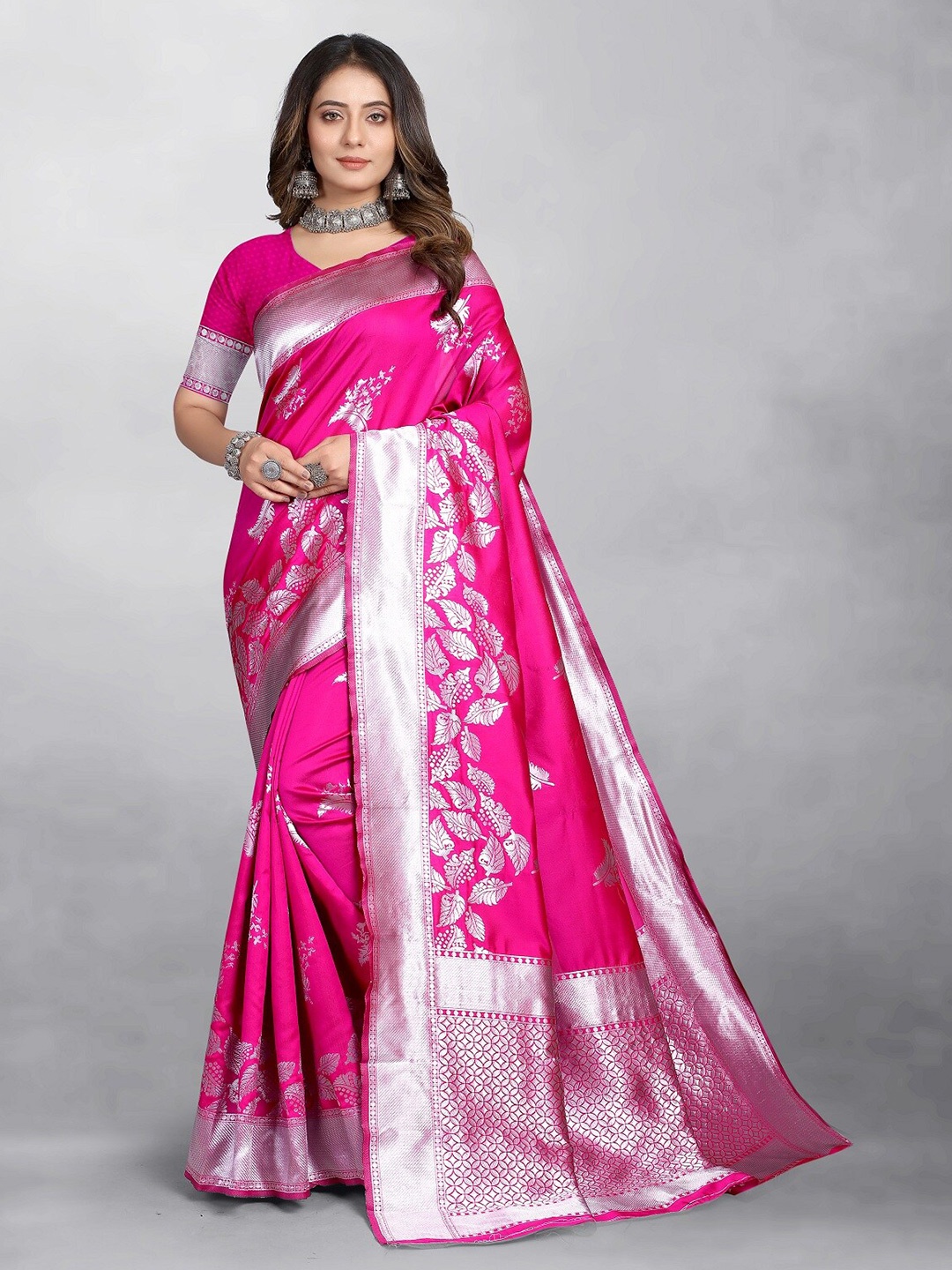 

Hinayat Fashion Ethnic Motifs Woven Design Zari Banarasi Saree, Pink