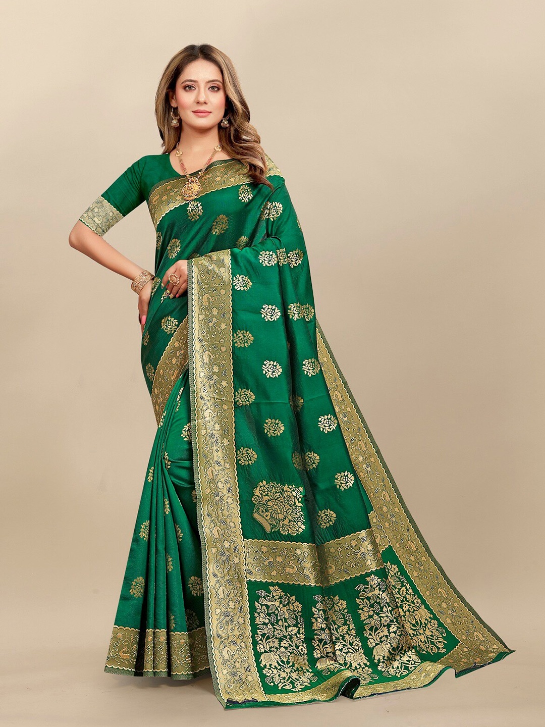 

Hinayat Fashion Ethnic Motifs Woven Design Zari Banarasi Saree, Green