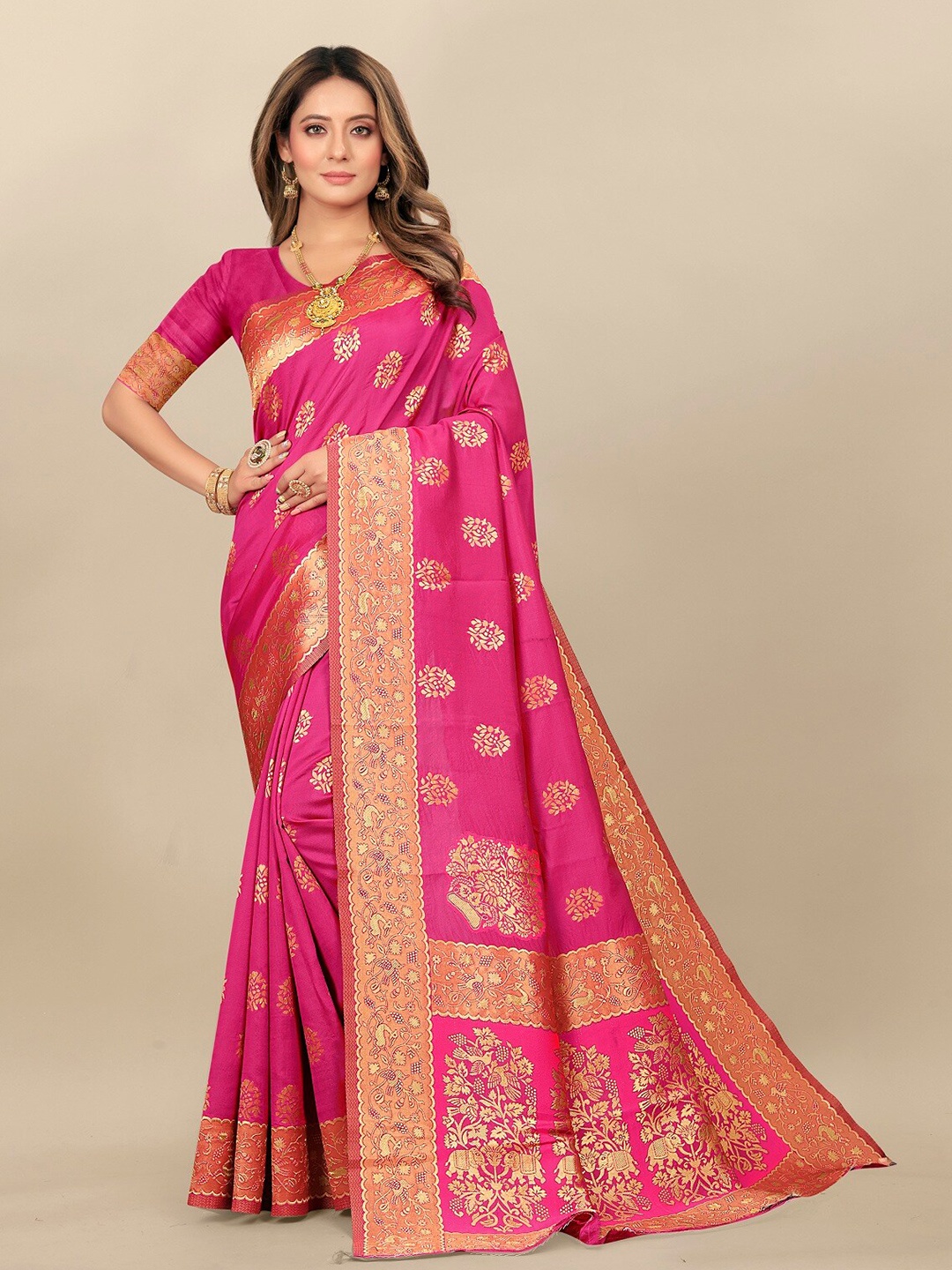 

Hinayat Fashion Ethnic Motifs Woven Design Zari Banarasi Saree, Pink