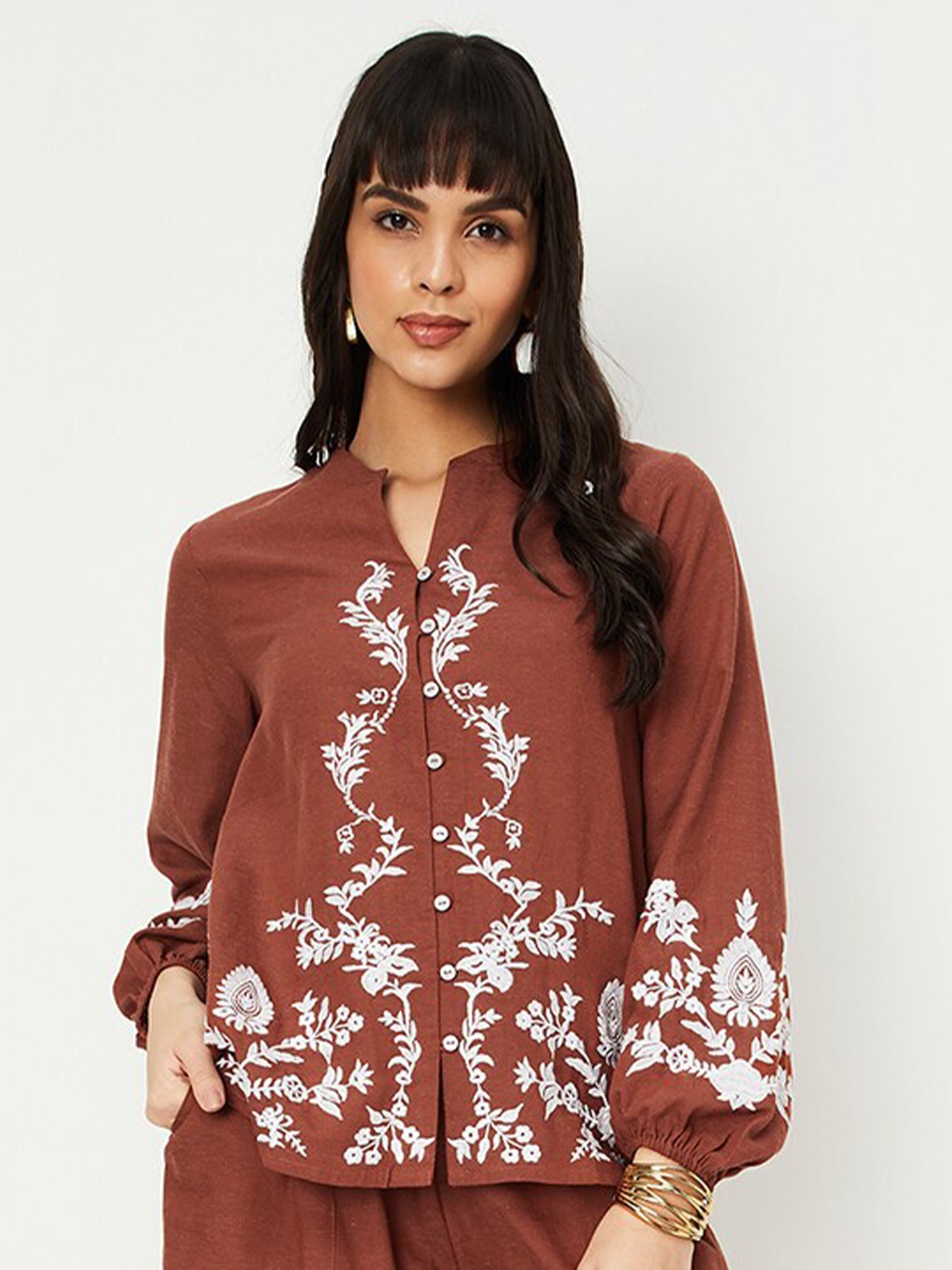 

max Mandarin Collar Embroidered Tunic, Brown