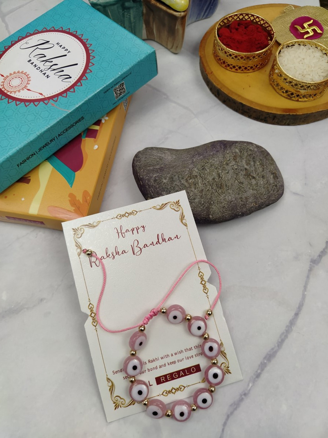 

EL REGALO Evil Eye Beaded Rakhi Set, Pink