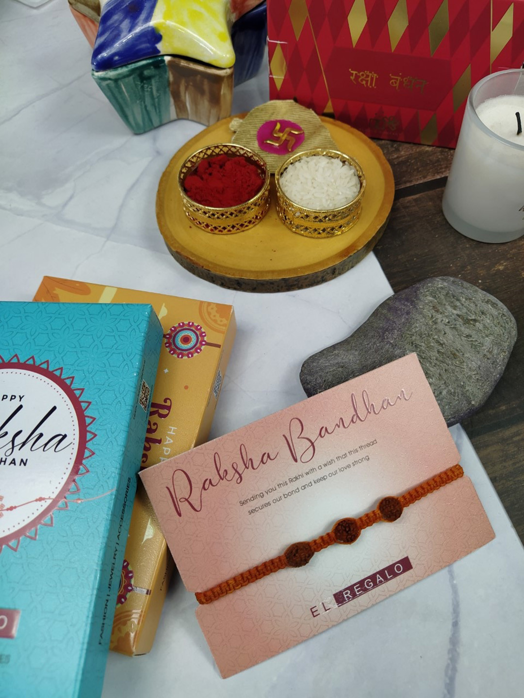 

EL REGALO Men Rudhraksha Beaded Rakhi With Roli Chawal & Greeting Card, Orange