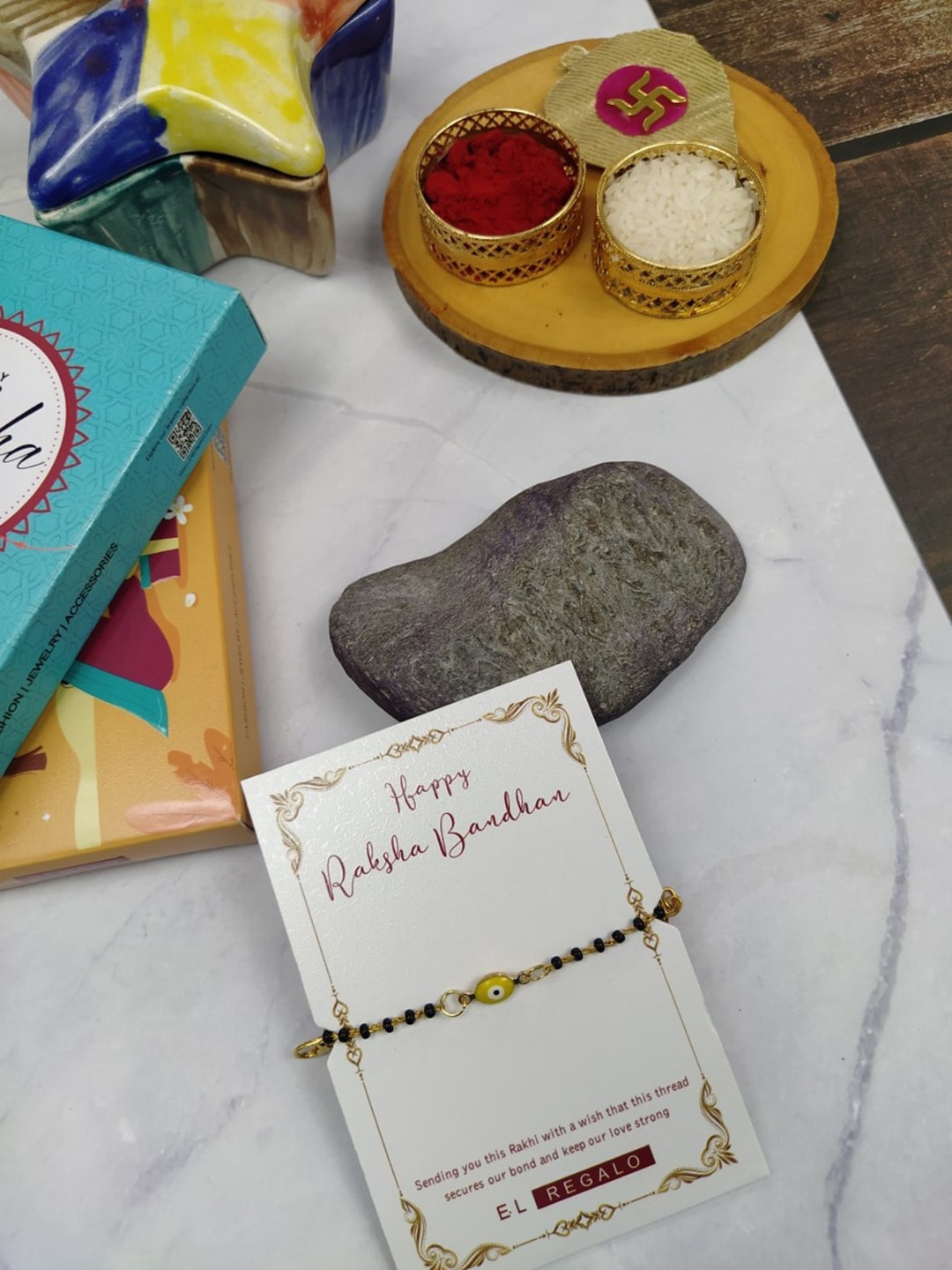 

EL REGALO Kids Evil Eye Rakhi With Greeting Card Roli & Chawal, Yellow