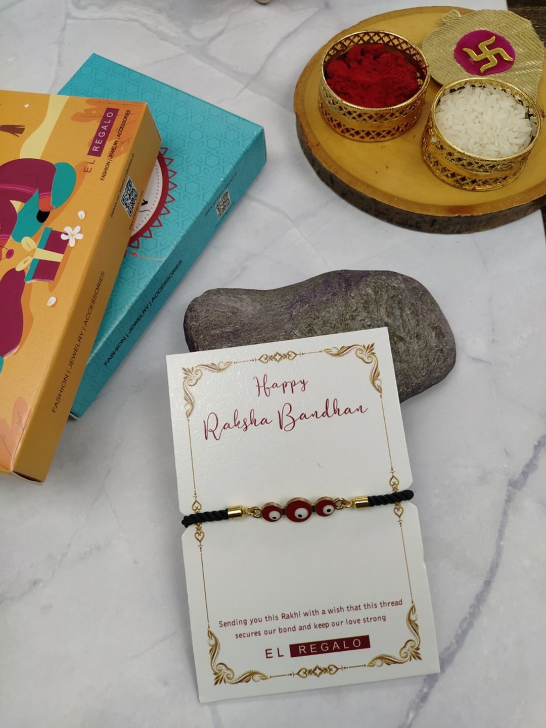 

EL REGALO Men Evil Eye Thread Rakhi With Roli Chawal & Greeting Card, Gold