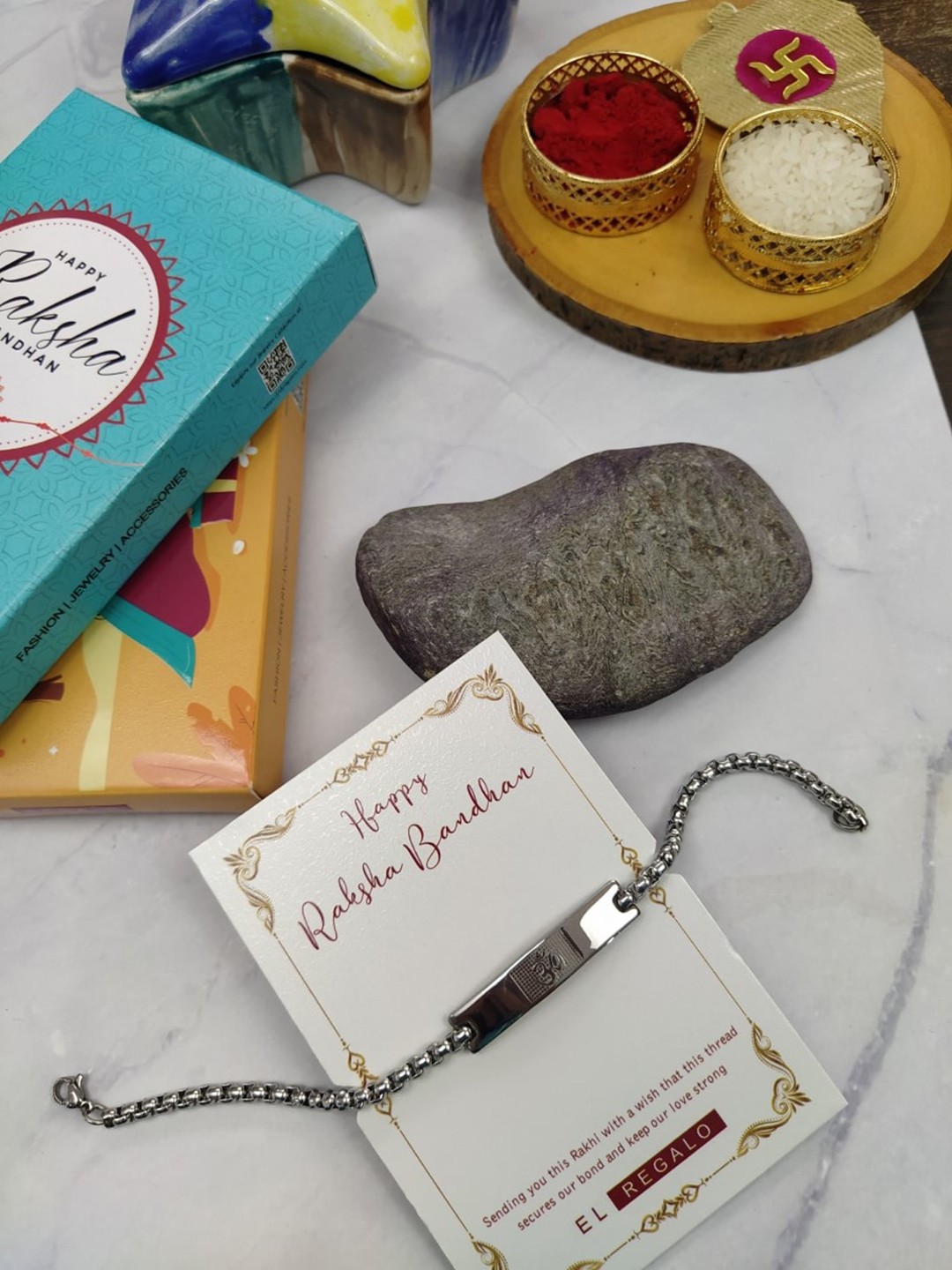 

EL REGALO Om Charm Wraparound Stainless Steel Rakhi, Silver
