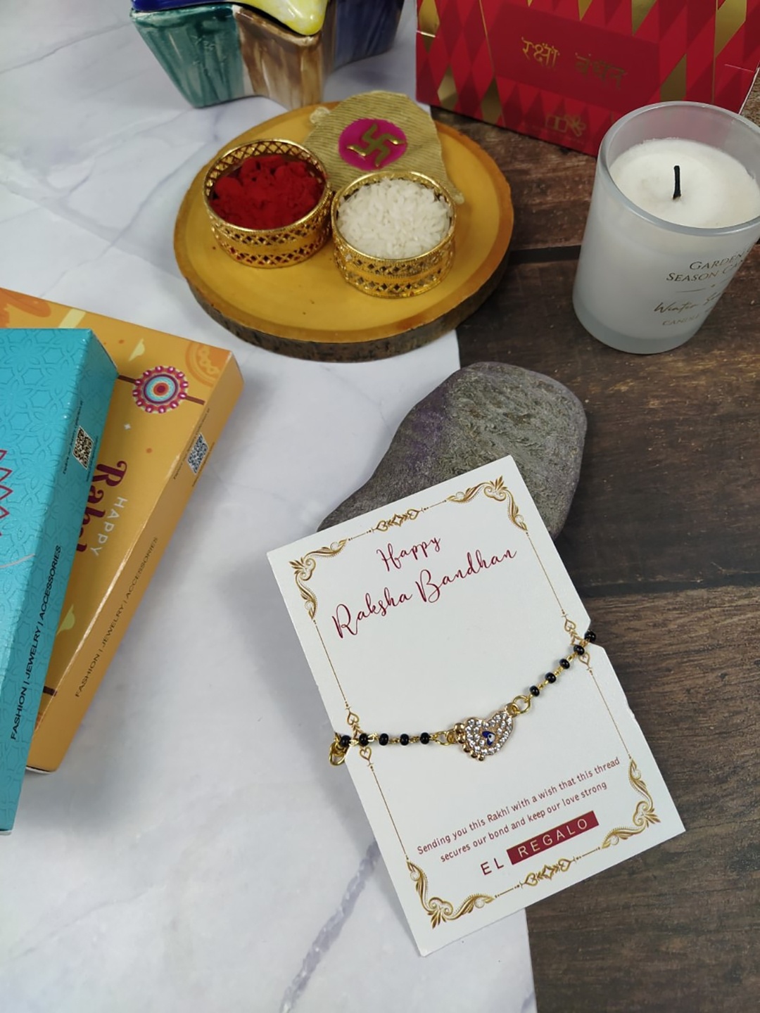 

EL REGALO Kids Stone-studded & Beaded Evil Eye Rakhi, Gold