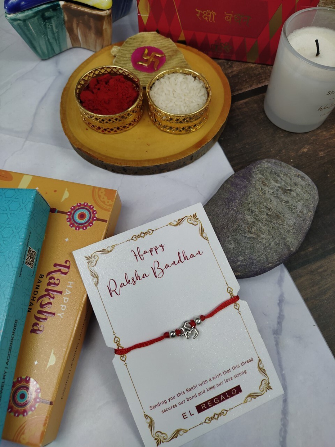 

EL REGALO Men Om Charm Rakhi With Greeting Card Roli & Chawal, Silver