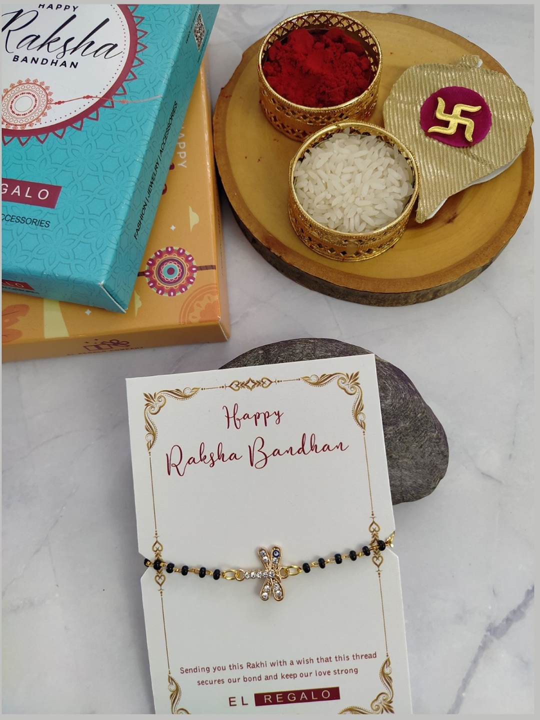 

EL REGALO Kids Stone-studded Evil Eye Charm Rakhi, Gold