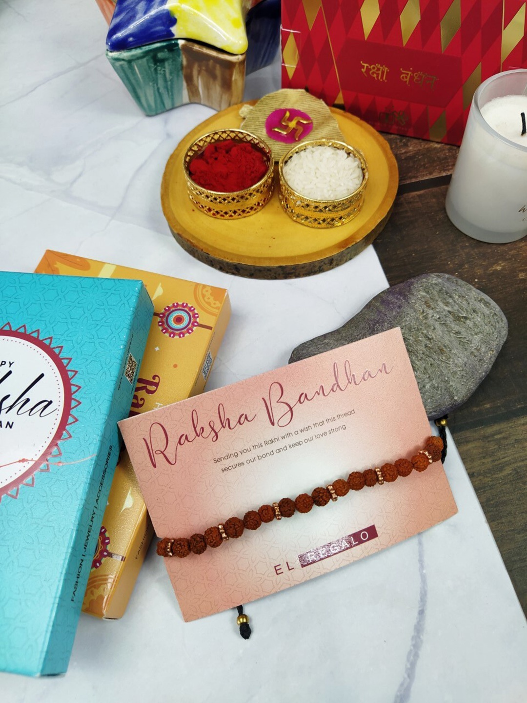 

EL REGALO Men Rudhraksha Beaded Rakhi With Greeting Card With Roli Chawal, Brown