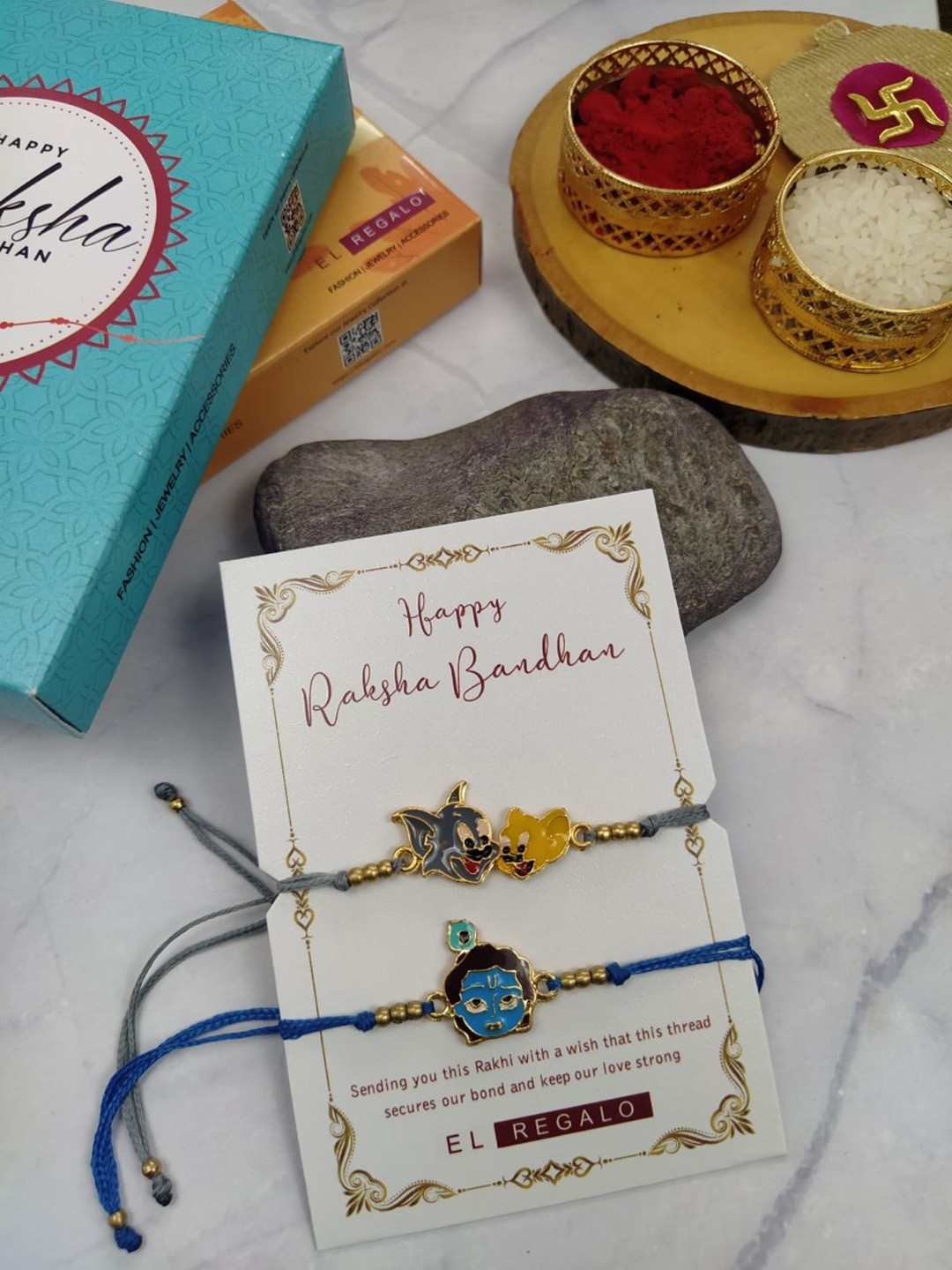 

EL REGALO Boys Set of 2 Lord Krishna Rakhi With Greeting Card & Roli Chawal, Blue