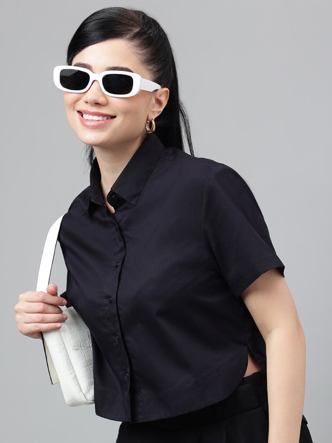 

Hancock Pure Cotton Premium High-Low Opaque Crop Formal Shirt, Black