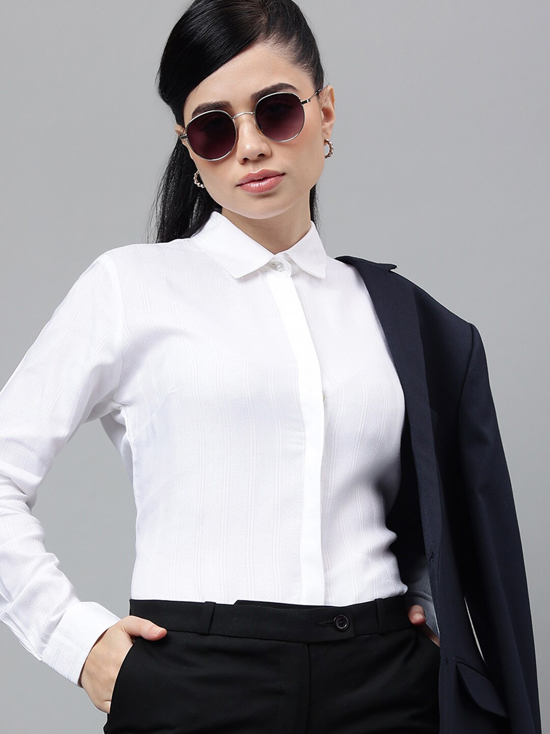 

Hancock Self Design Vertical Stripes Spread Collar Smart Regular Fit Formal Shirt, White