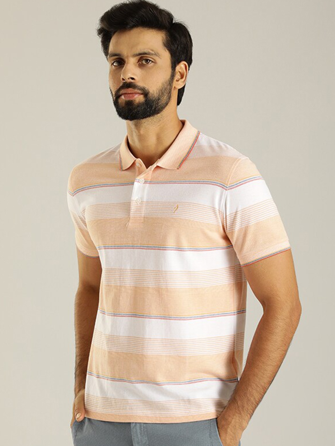 

Indian Terrain Striped Polo Collar Cotton T-shirt, Orange