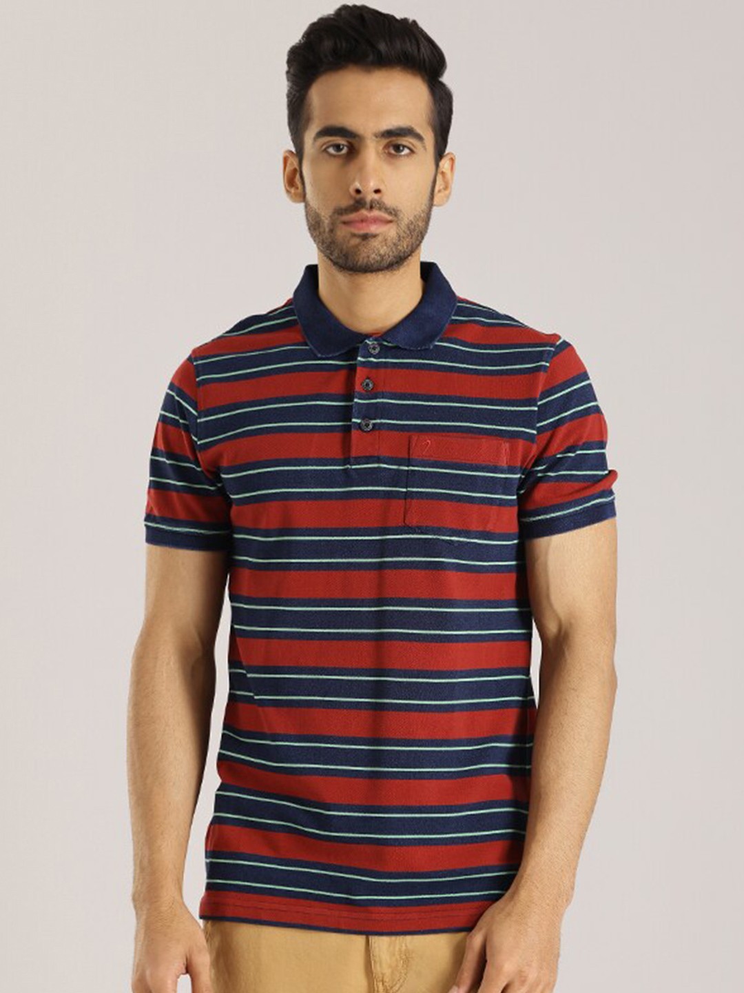 

Indian Terrain Striped Polo Collar Pockets Cotton T-shirt, Red