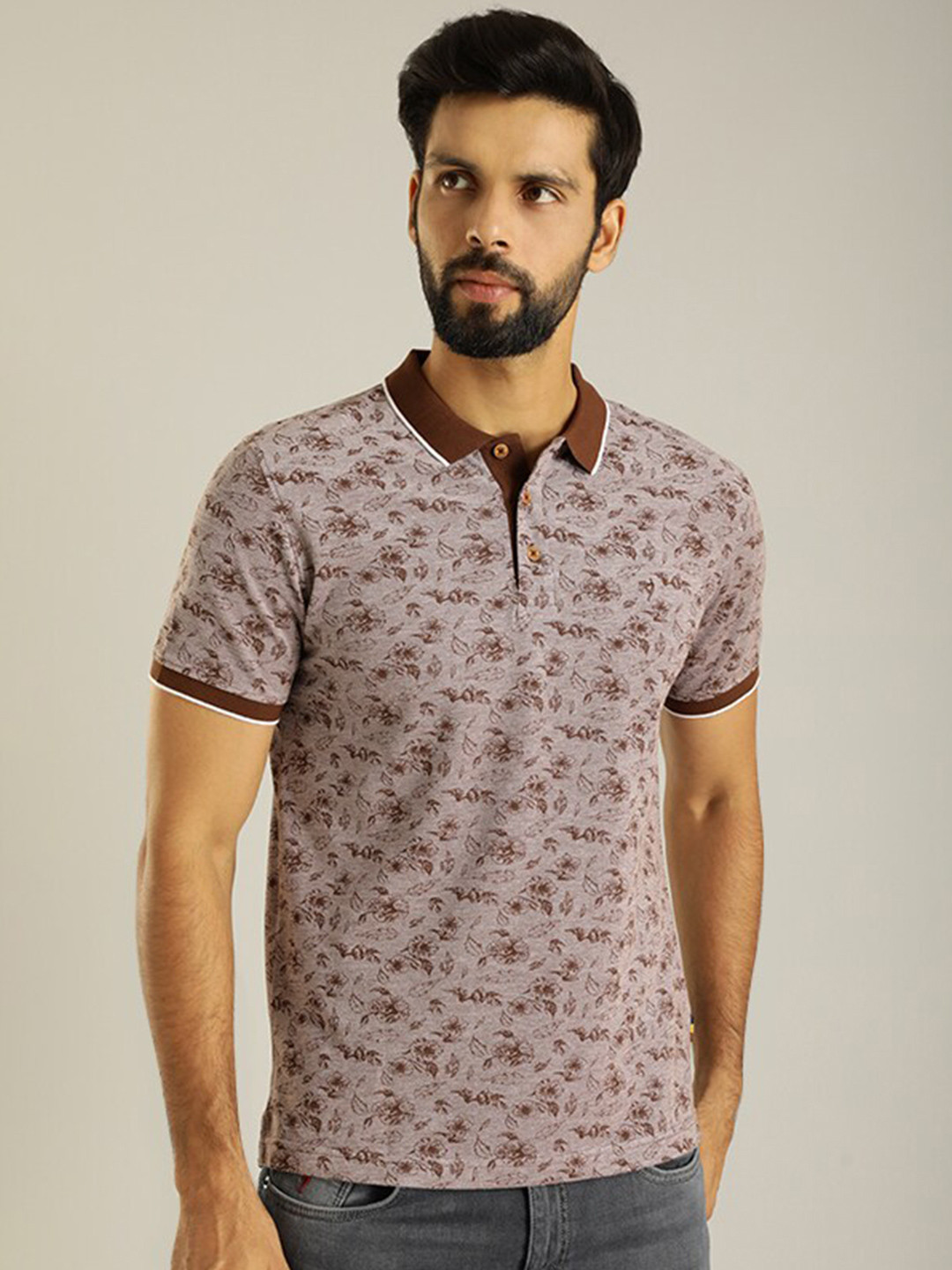 

Indian Terrain Floral Printed Pure Cotton Polo Collar T-Shirt, Brown