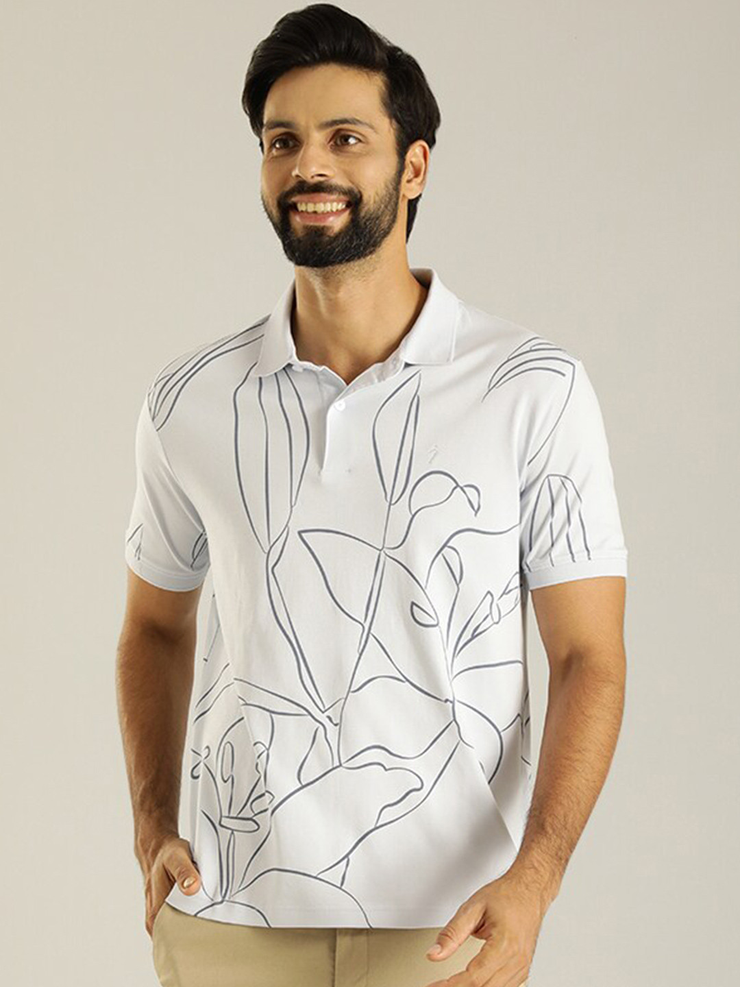 

Indian Terrain Polo Collar Abstrat Printed Pure Cotton T-shirt, White