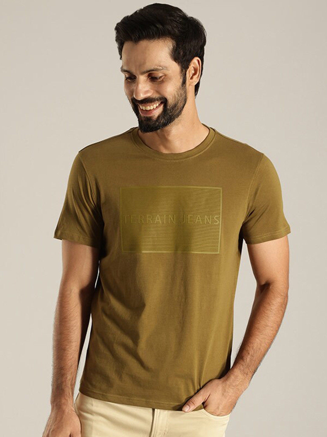 

Indian Terrain Printed Round Neck Pure Cotton T-Shirt, Green