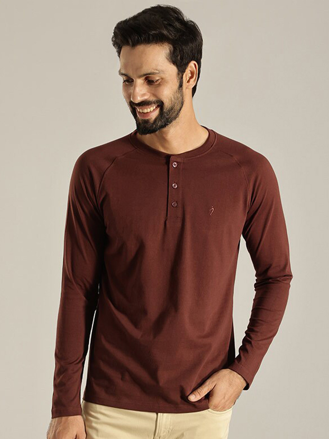 

Indian Terrain Henley Neck Long Sleeves Pure Cotton T-Shirt, Brown