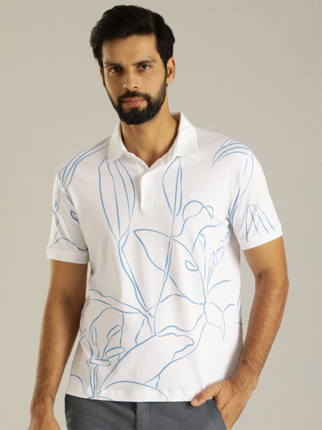 

Indian Terrain Floral Printed Pure Cotton Polo Collar T-Shirt, White