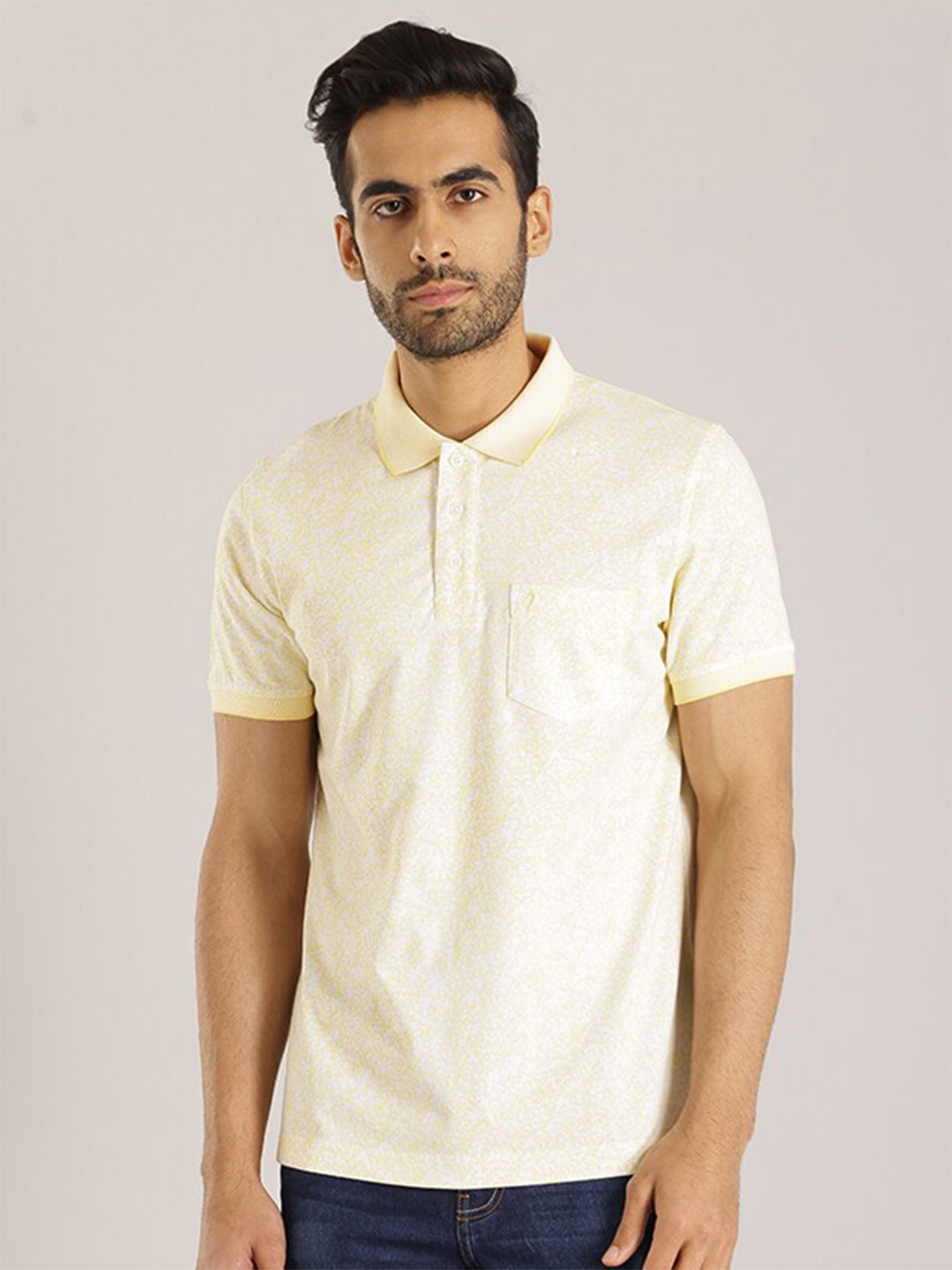 

Indian Terrain Floral Printed Cotton Polo Collar Pockets T-shirt, Yellow